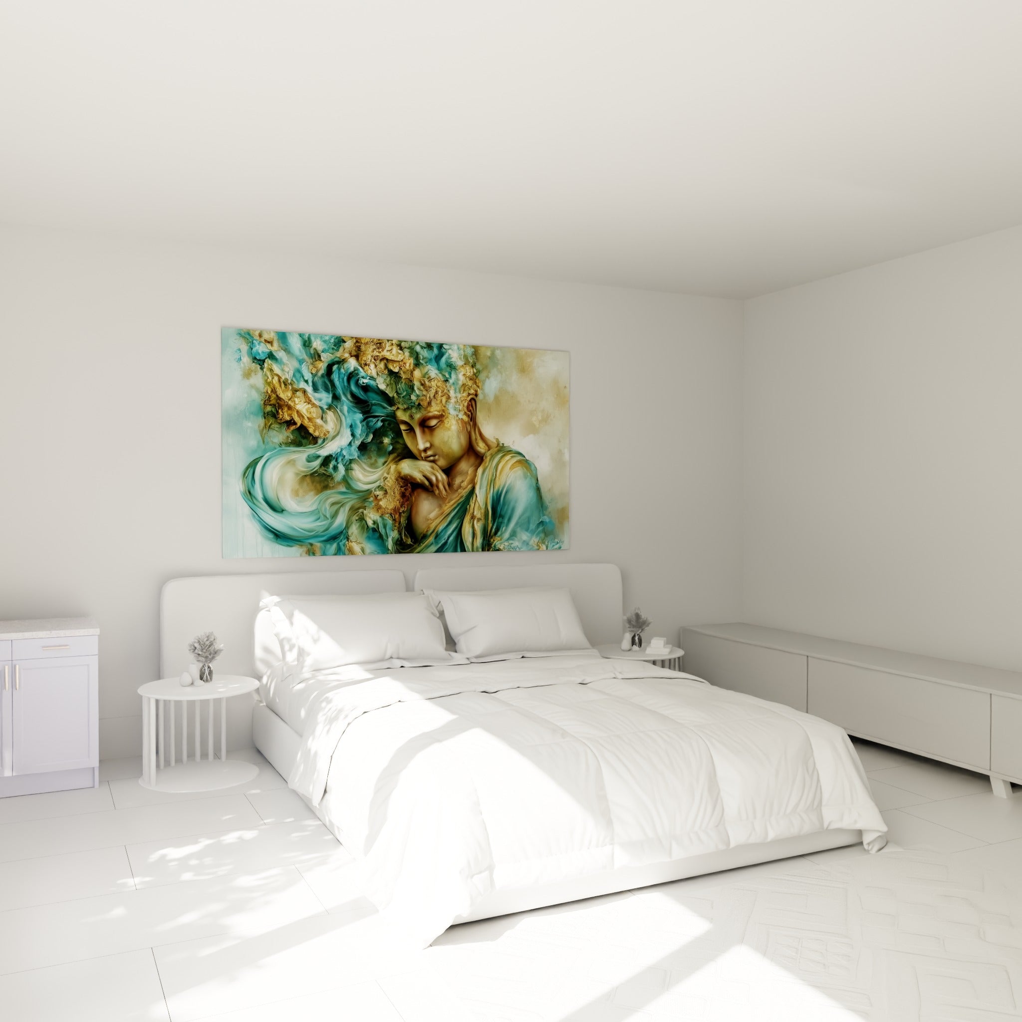 Visage méditatif doré et turquoise, posture recueillie, accroché au-dessus d'un lit dans une chambre claire