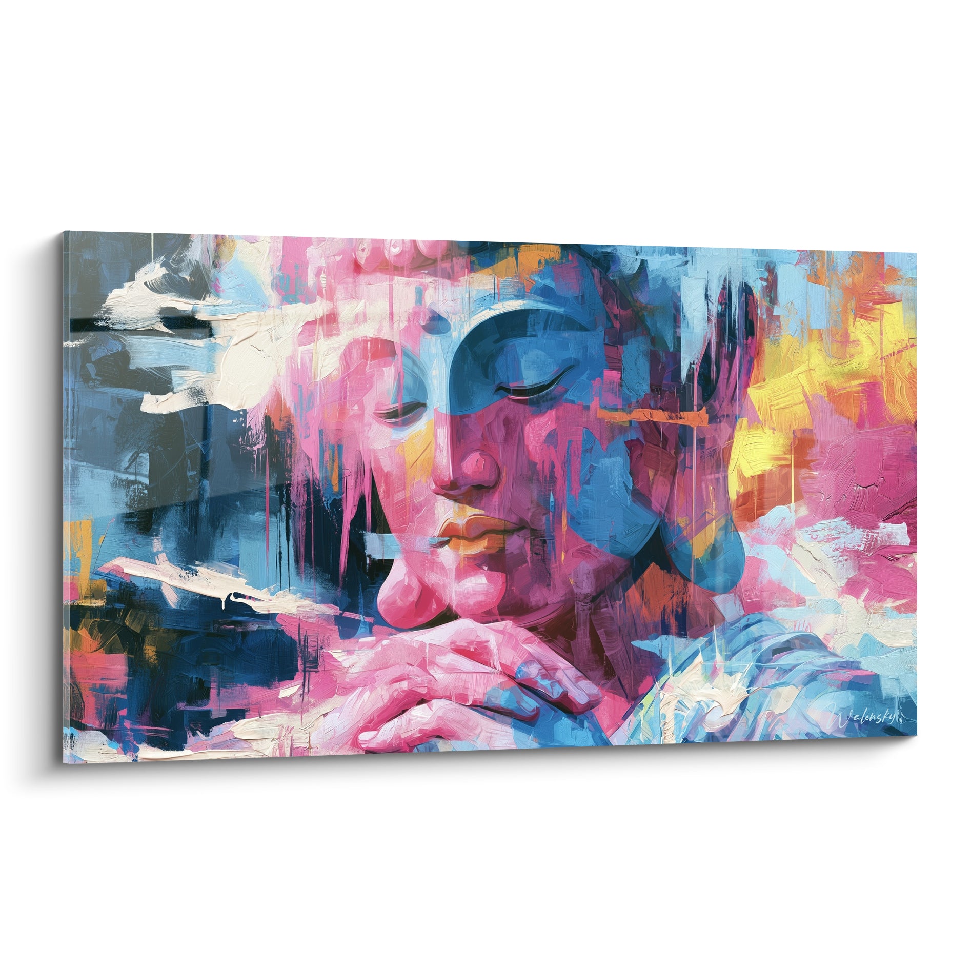 Bouddha au visage bleu et rose, mains jointes, touches ocre et jaunes en fond expressif