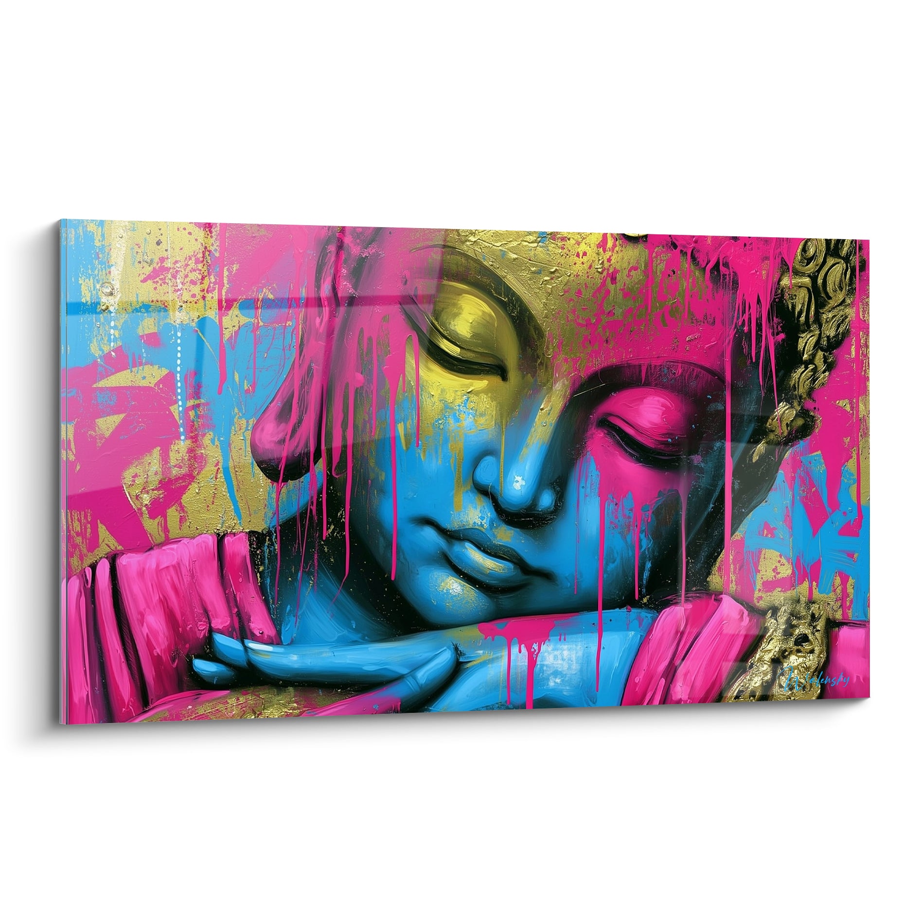 Bouddha aux yeux clos, visage bleu et rose fuchsia, coulures dorées sur fond texturé