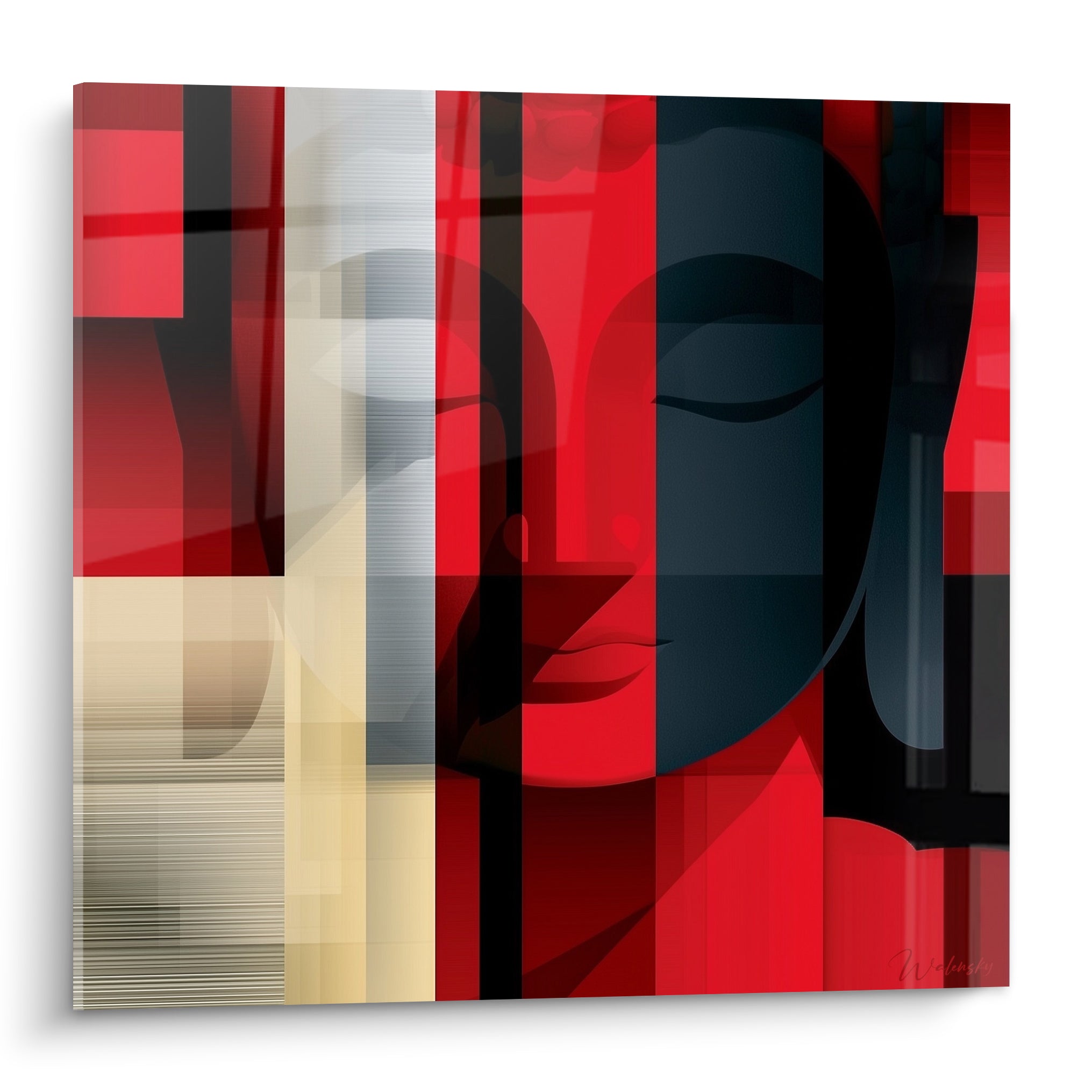 Bouddha aux yeux clos en anthracite sur bandes rouges et beiges, style géométrique épuré