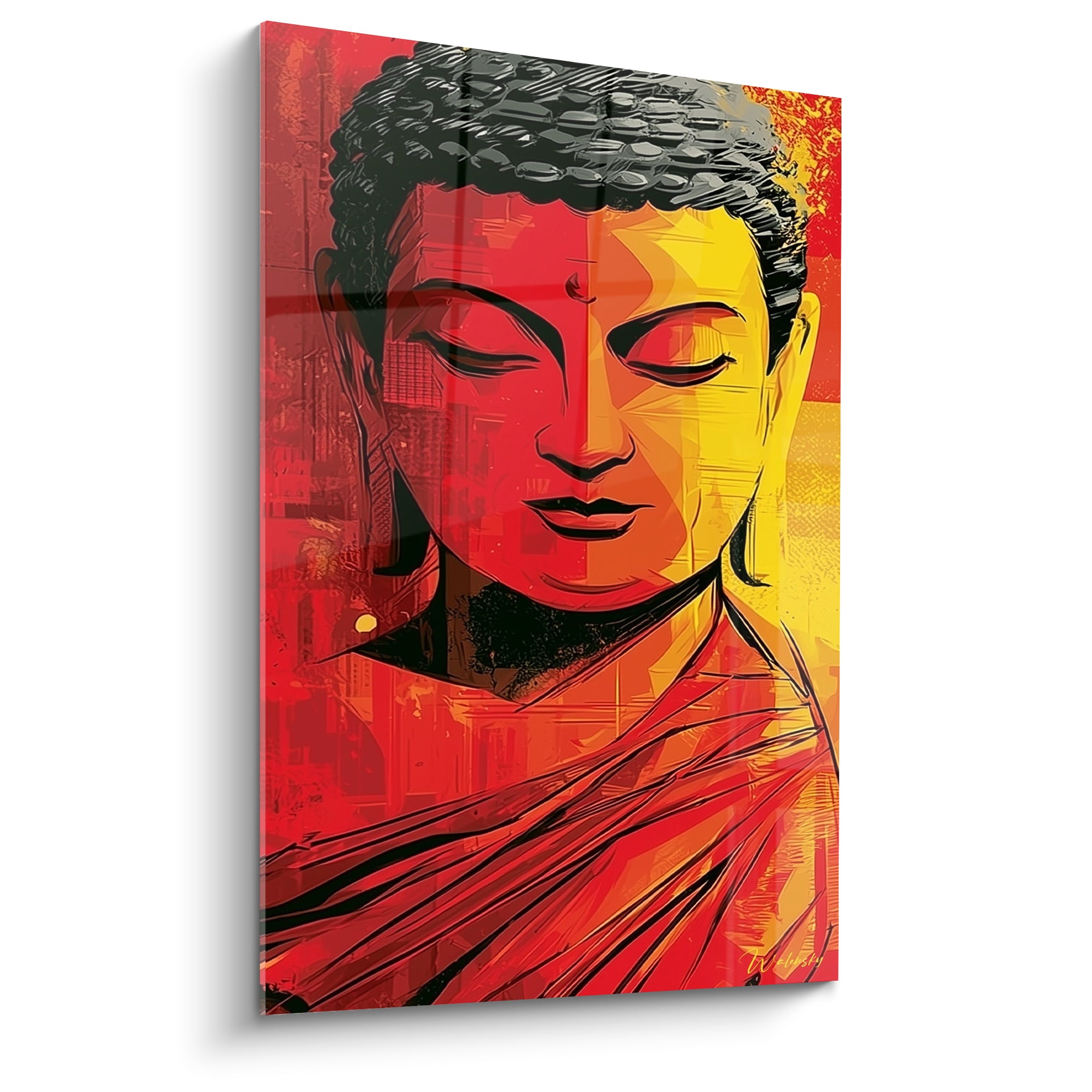 Bouddha au visage rouge et doré, yeux clos, tête sculptée en traits graphiques noirs