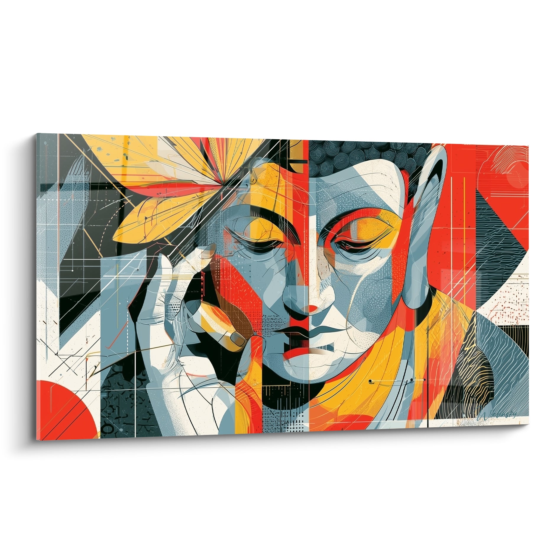 Bouddha au visage fragmenté en rouge, ocre et bleu gris, motifs floraux jaunes près de la tempe