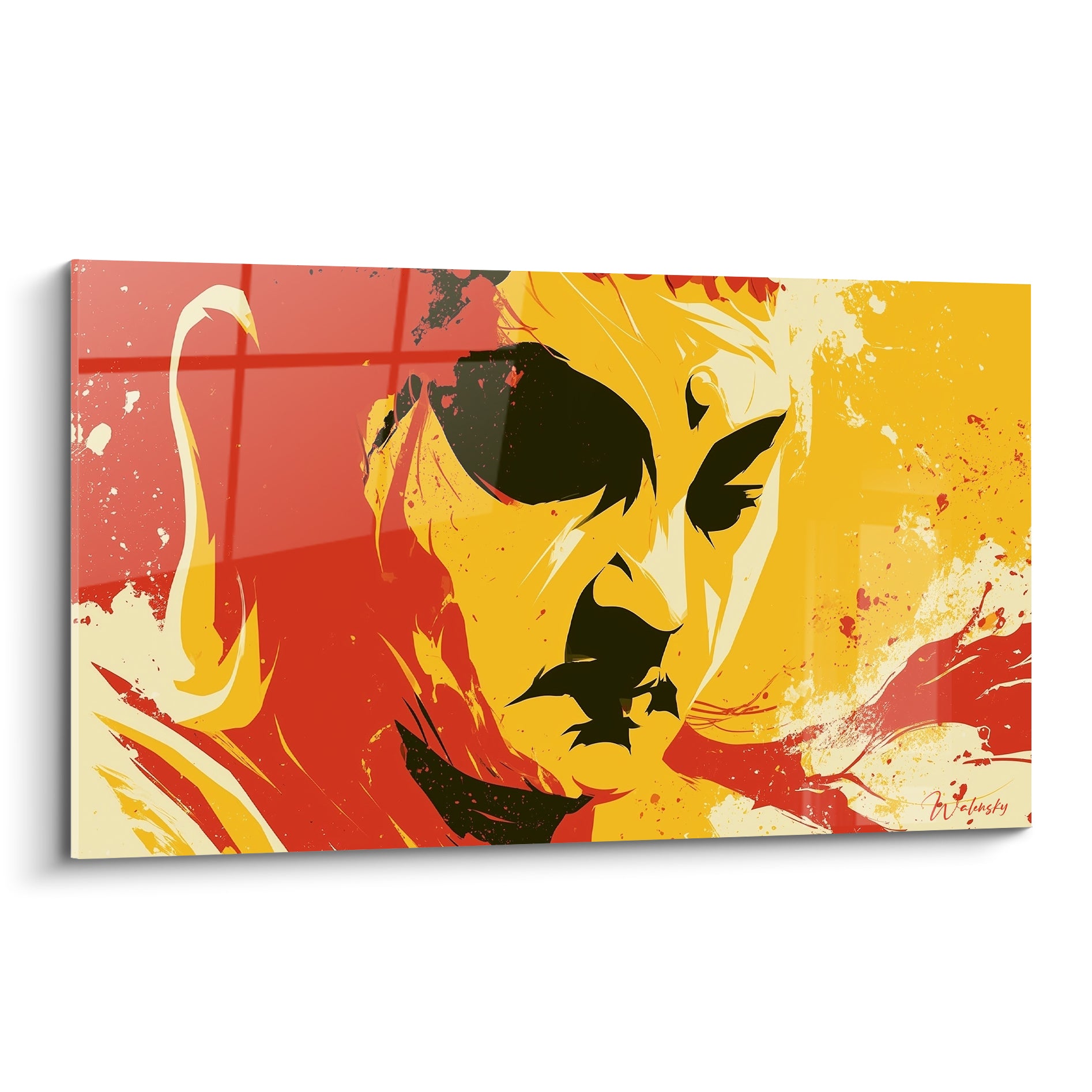 Bouddha stylisé rouge et jaune aux éclaboussures graphiques, regard sombre et intense sur fond vermillon