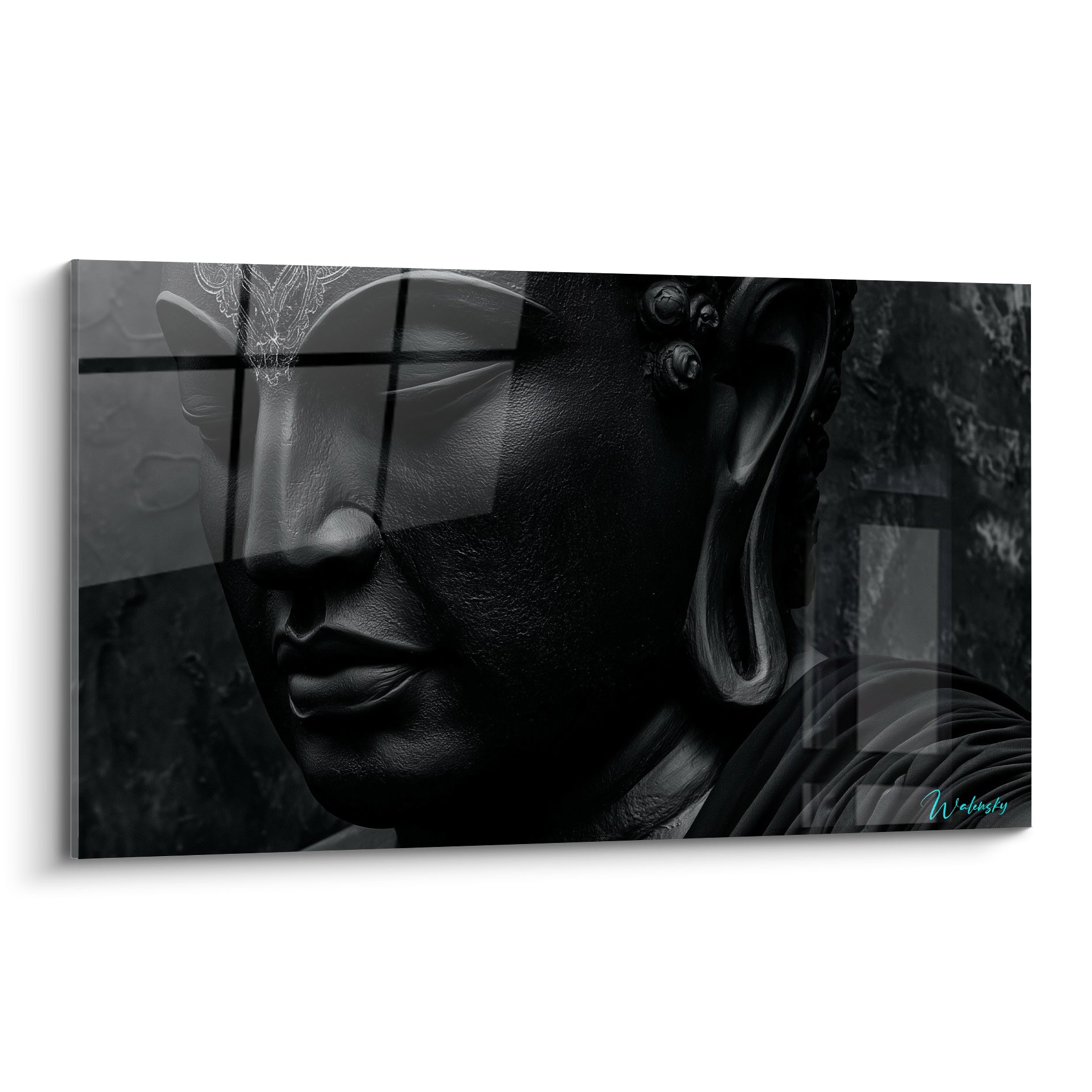 Bouddha sculpté noir profond et gris anthracite, visage serein, oreille allongée en relief marqué