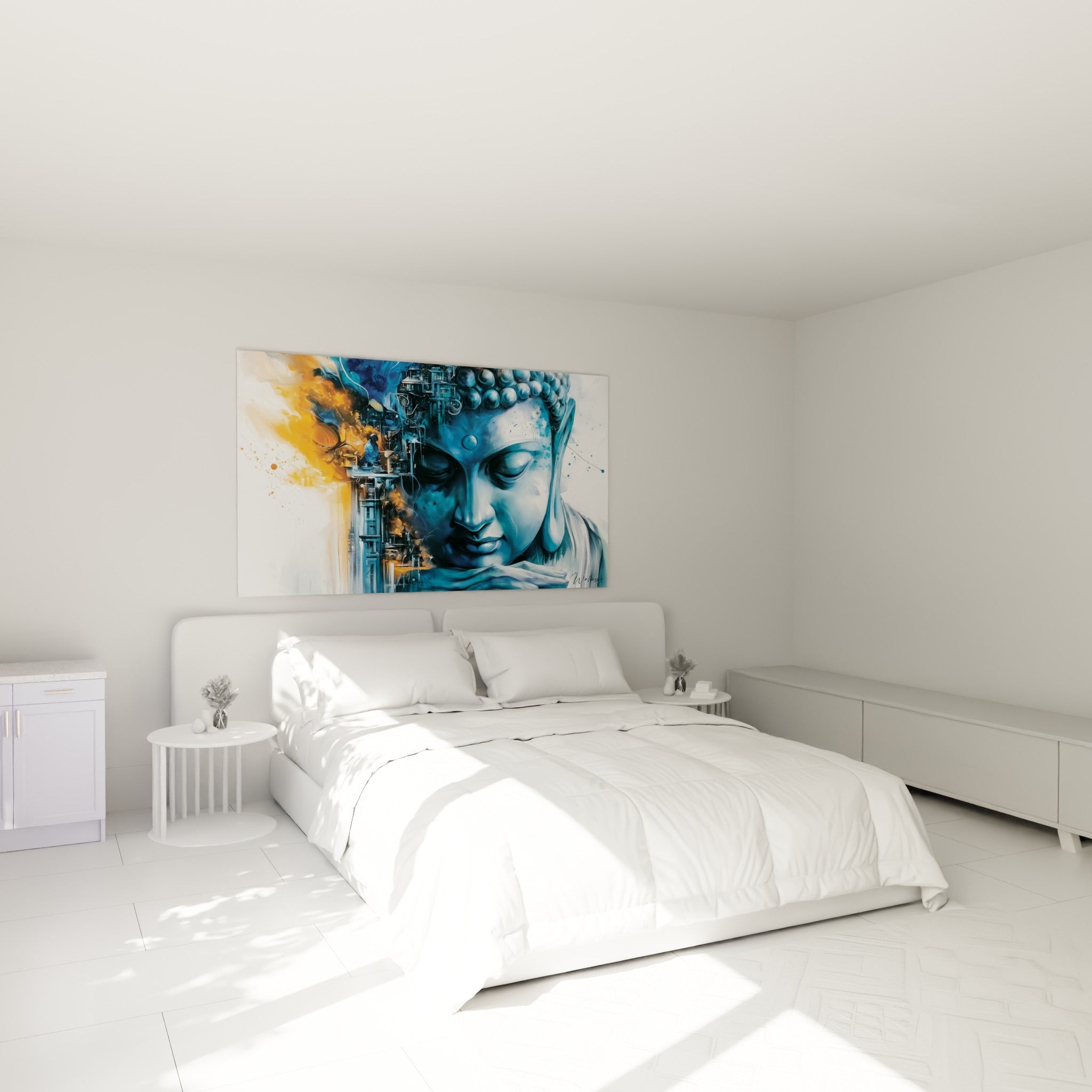 Sérénité du Bouddha bleu turquoise et orangé au-dessus d'un lit dans une chambre claire