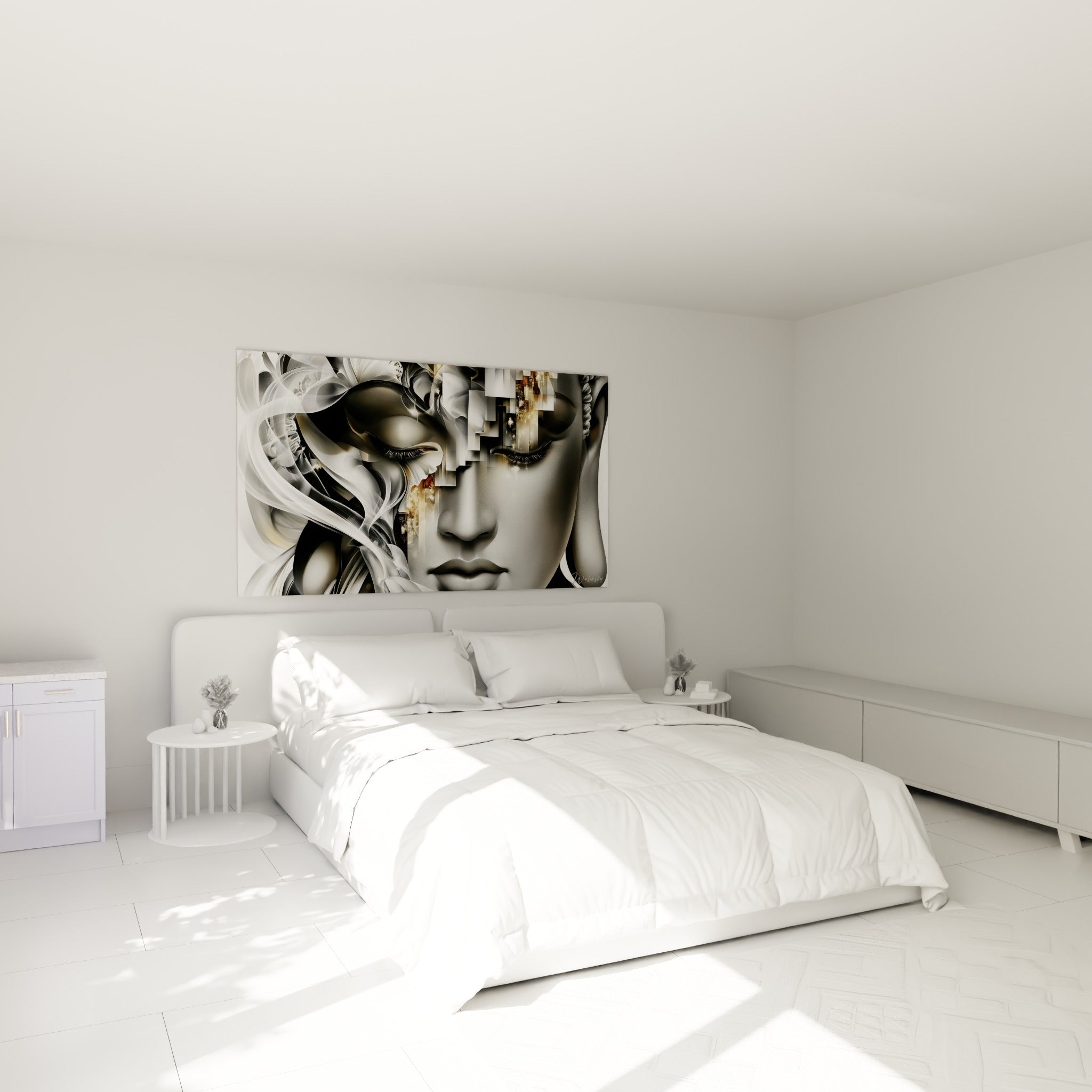 Visage de Bouddha gris et doré aux traits sereins, accroché au-dessus d'un lit dans une chambre claire