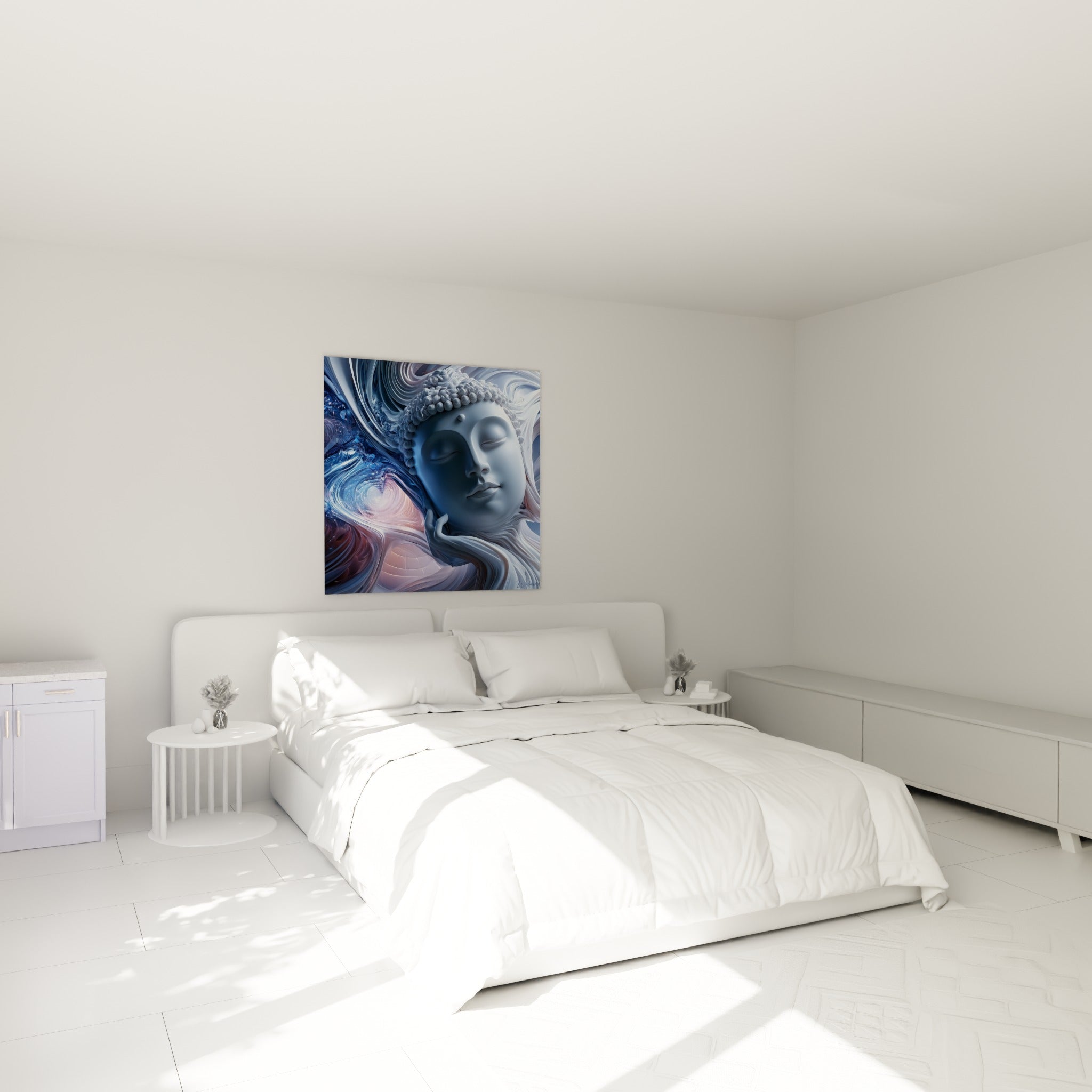Visage de Bouddha bleu marine enveloppé de volutes nacrées, au-dessus d'un lit dans une chambre claire