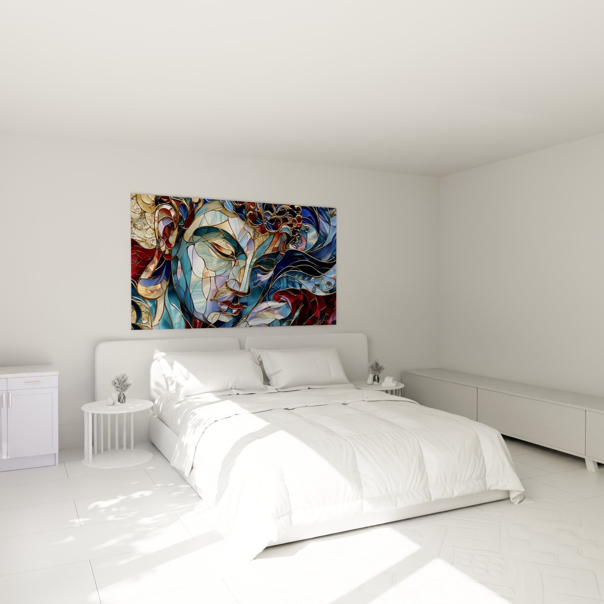 Bouddha aux yeux mi-clos, tons bleus et dorés, accroché au-dessus d'un lit dans une chambre claire