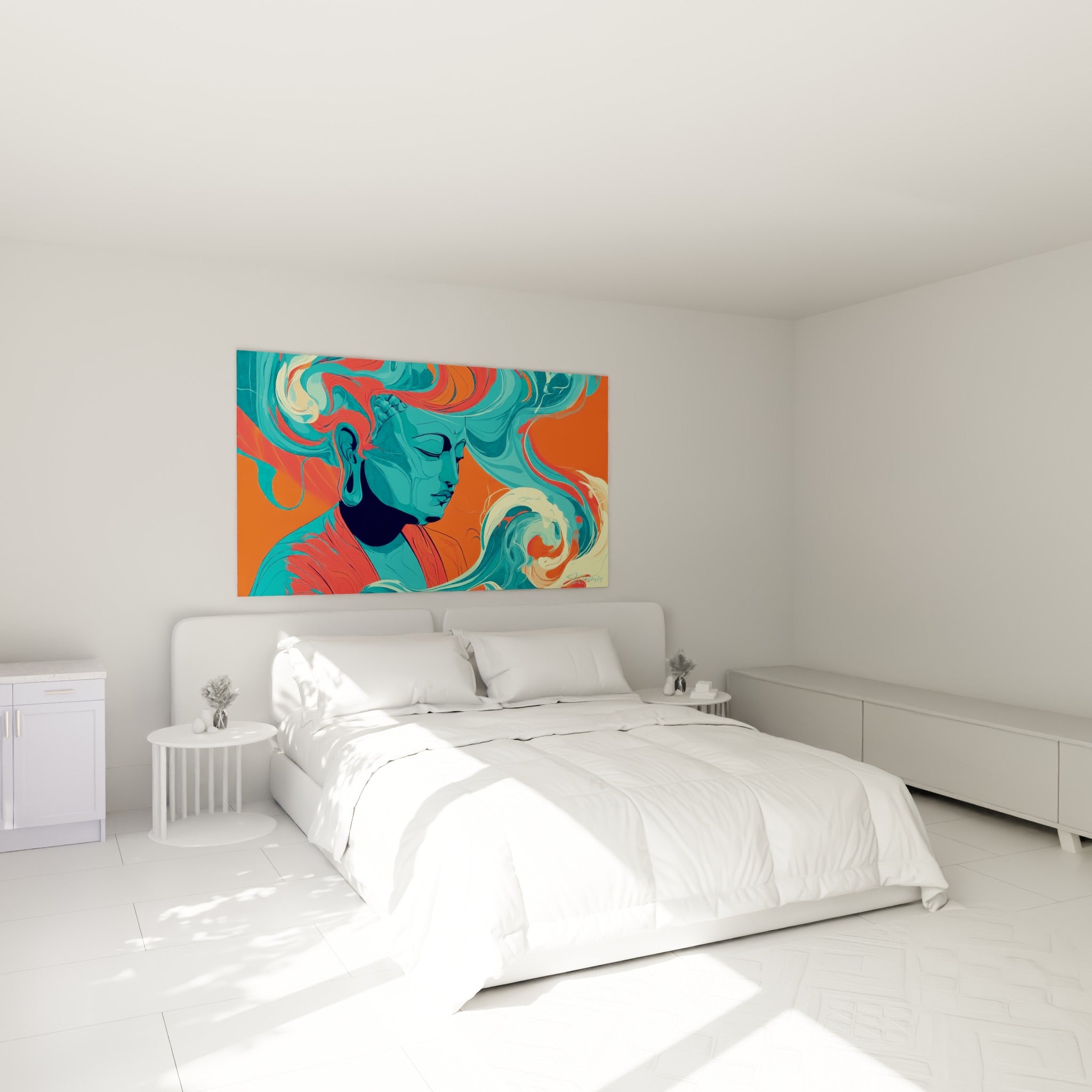 Visage bleu-turquoise d'un Bouddha méditatif aux courbes corail, au-dessus d'un lit dans une chambre claire