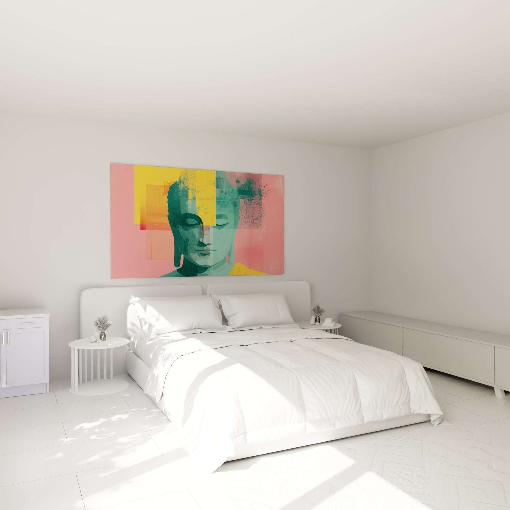 Visage de Bouddha vert et rose apaisant au-dessus d'un lit dans une chambre claire