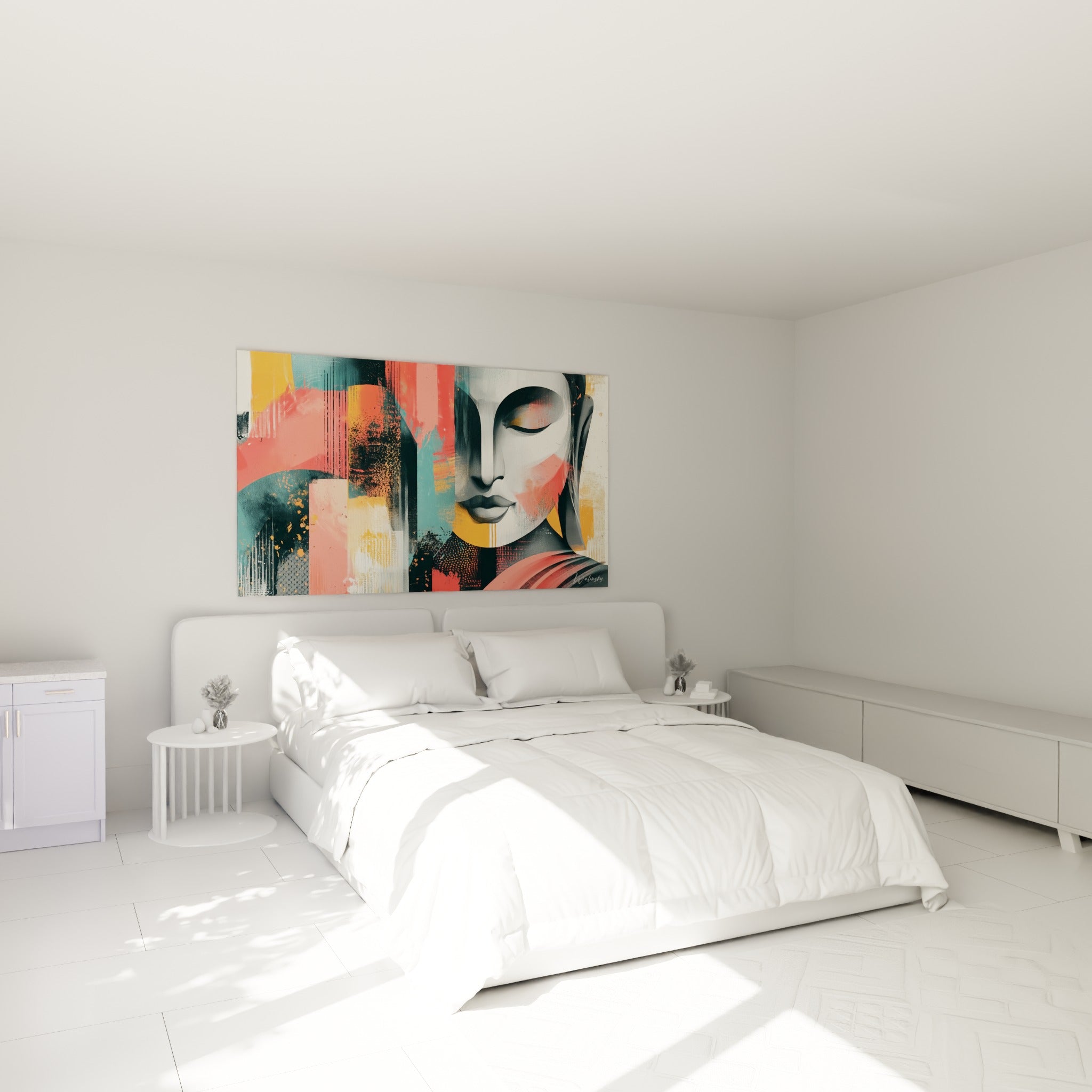 Visage de Bouddha serein en camaïeu gris sur fond corail au-dessus d'un lit dans une chambre claire