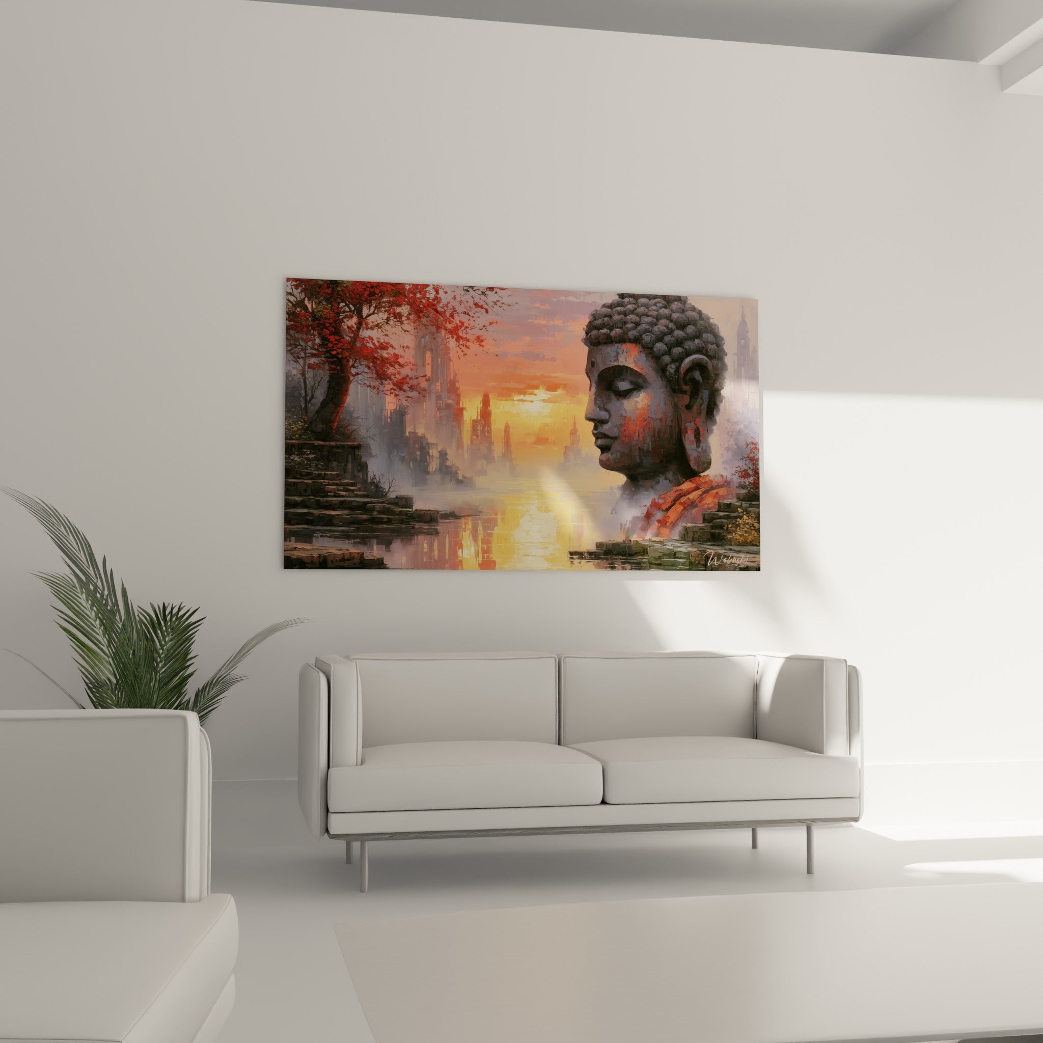 Visage du Bouddha empreint de sérénité, tons dorés et roses, au-dessus d'un canapé dans un salon lumineux