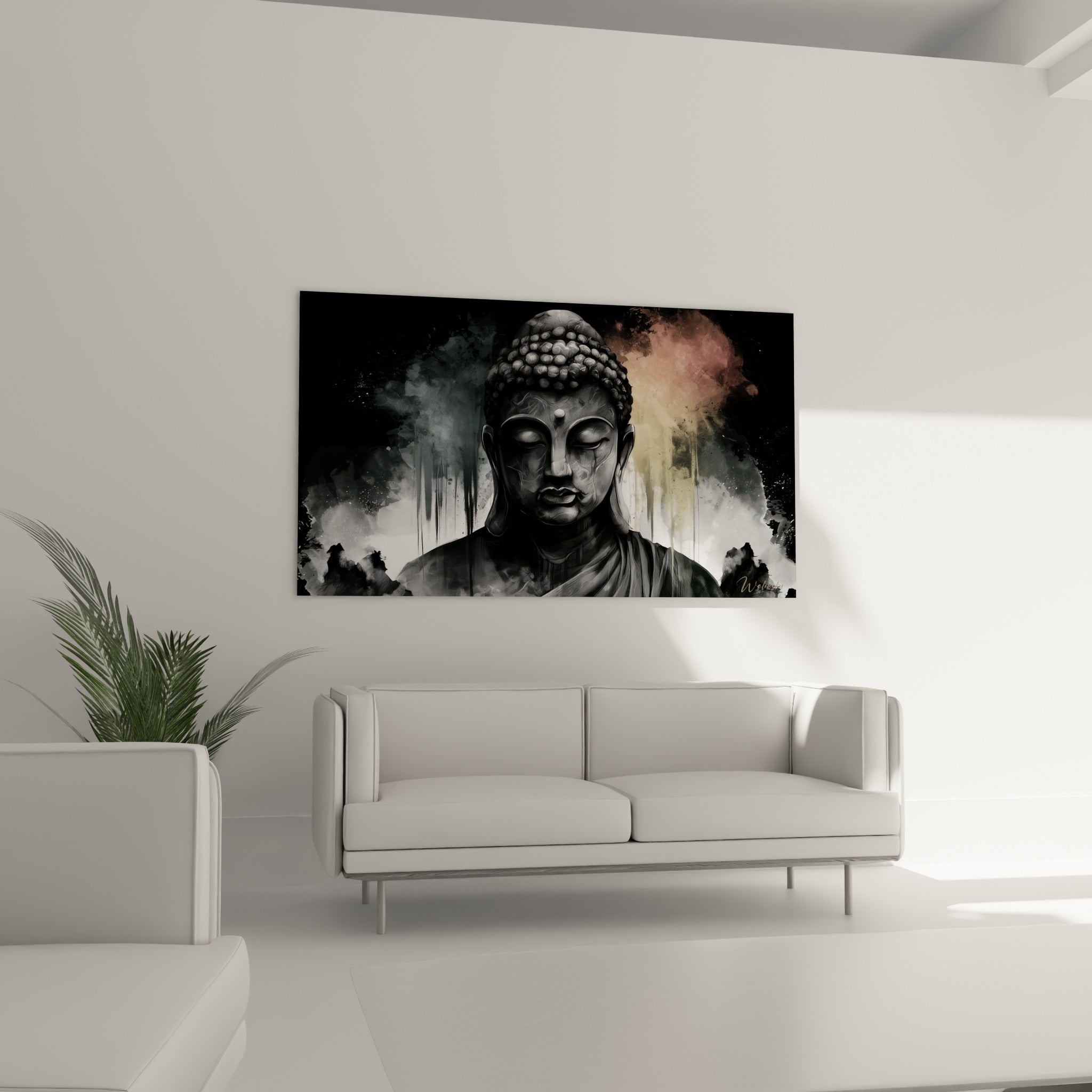 Sculpture du Bouddha en camaïeu anthracite et rose poudré, au-dessus d'un canapé dans un salon lumineux