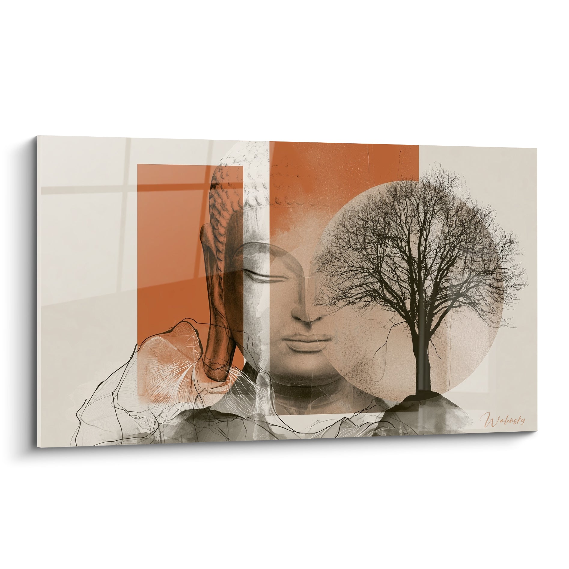 Visage de Bouddha terracotta et gris aux yeux clos, arbre noir dénudé en arrière-plan