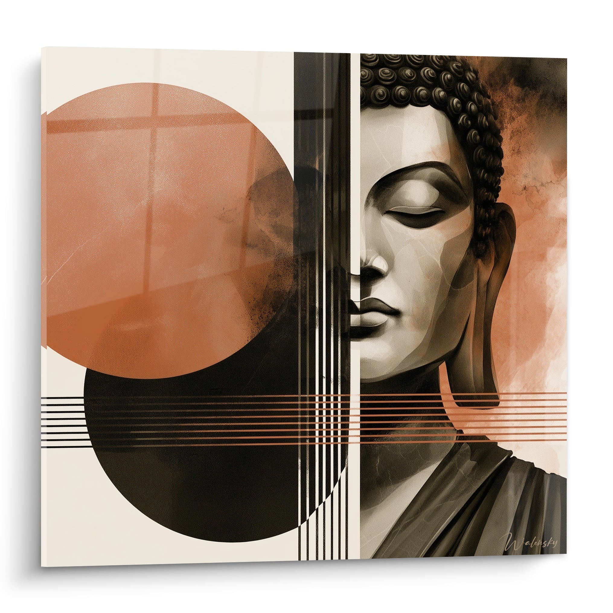 Bouddha aux yeux clos, visage gris sculpté sur fond terracotta et cercles noirs graphiques