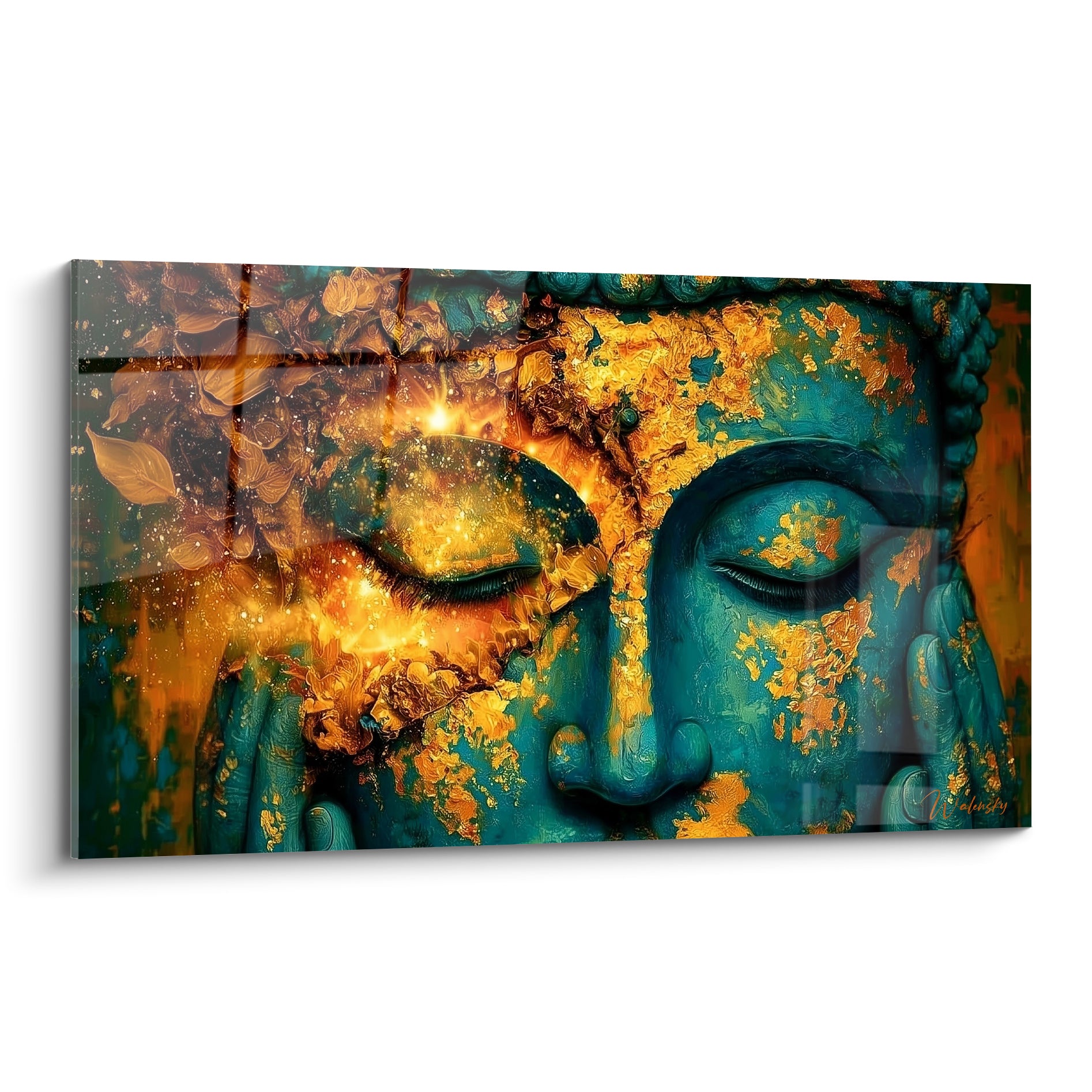Visage de Bouddha turquoise et doré aux yeux clos, éclats de lumière dorée sur pierre sculptée