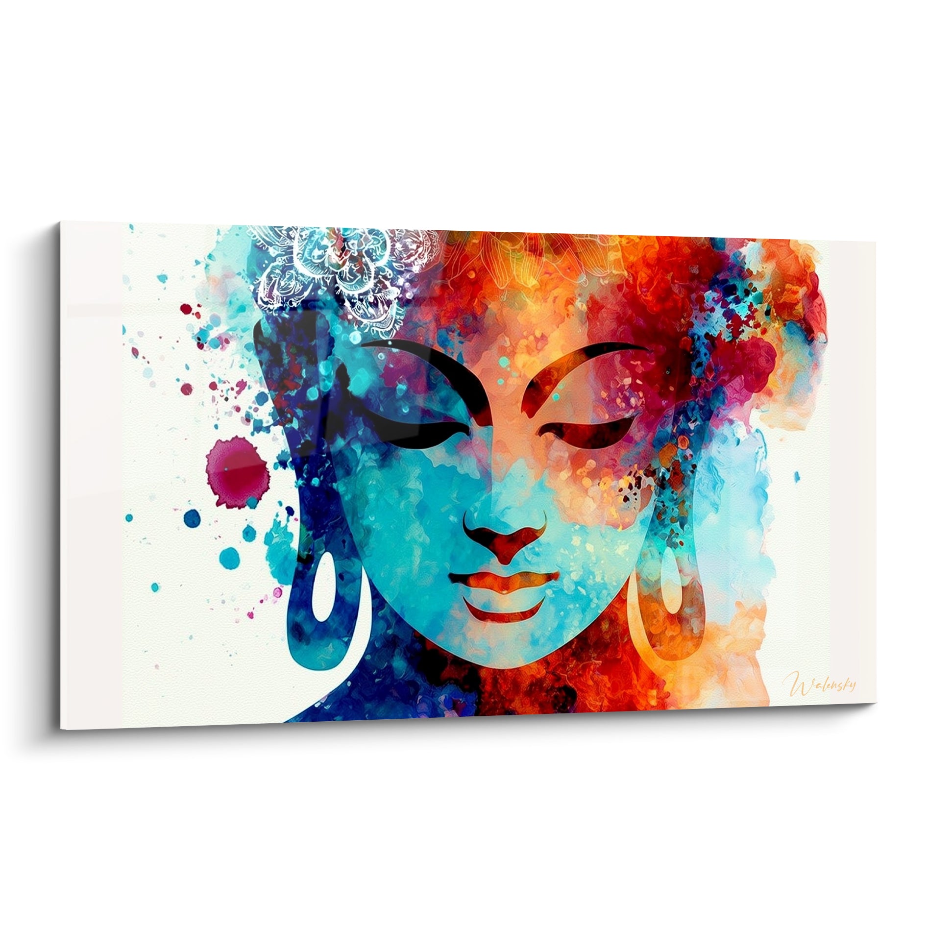 Bouddha aux yeux clos peint en turquoise et orangé, visage aquarelle éclaboussé de couleurs
