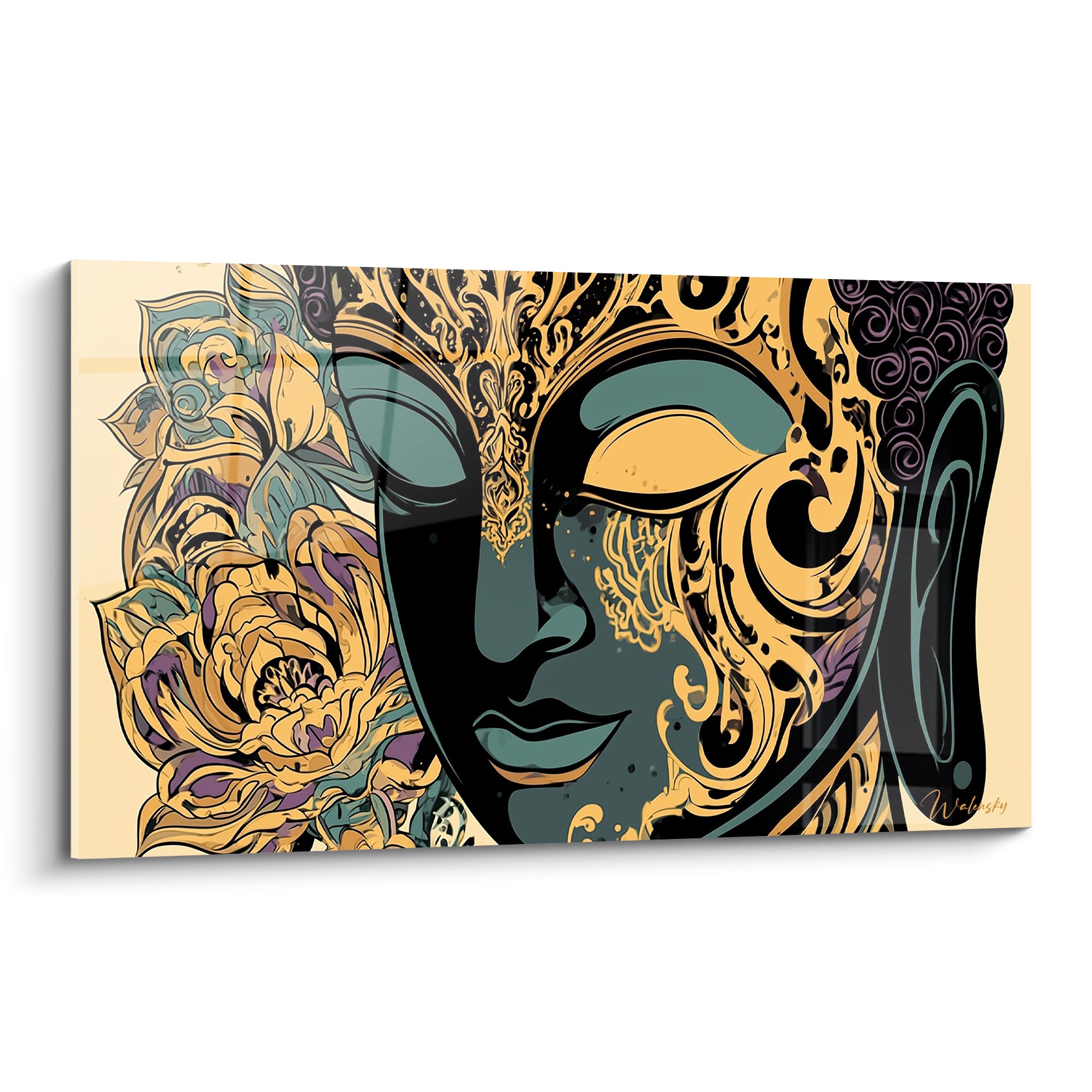 Visage de Bouddha vert sarcelle et doré entouré de pivoines mauves et jaunes ornementales