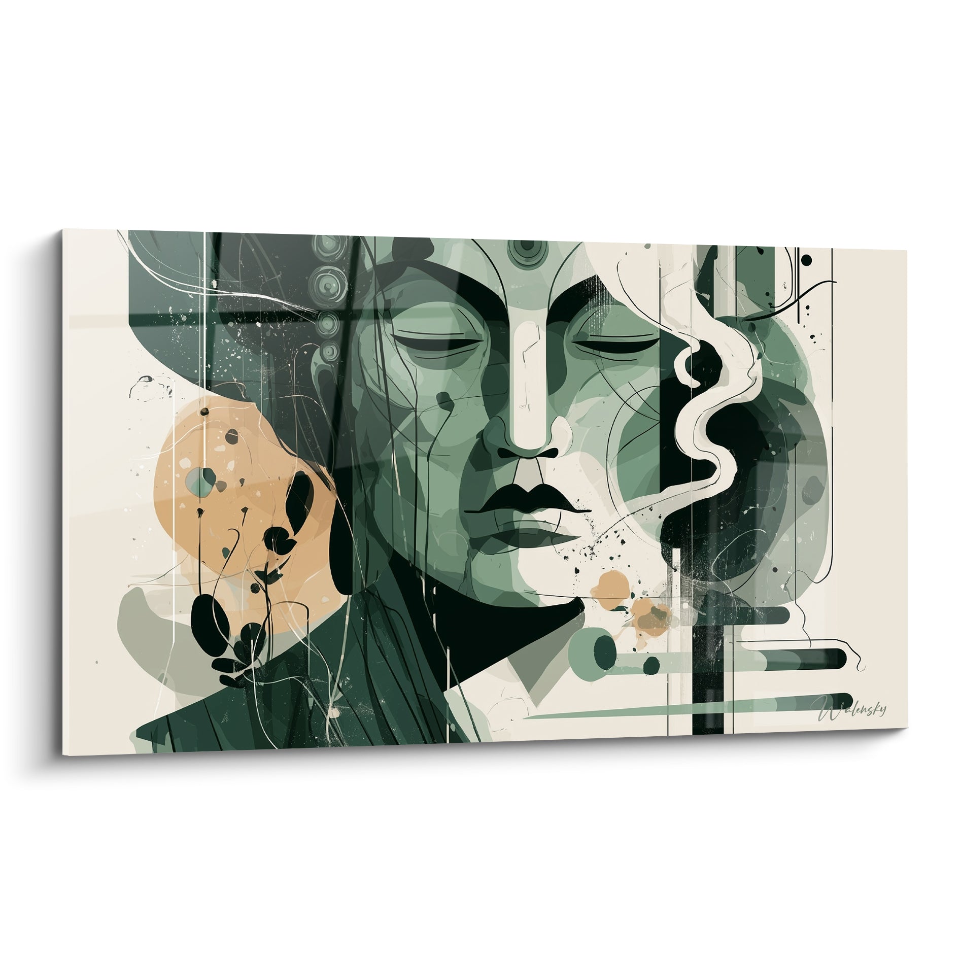 Bouddha vert sauge aux yeux clos, formes ocre et lignes anthracite sur fond ivoire