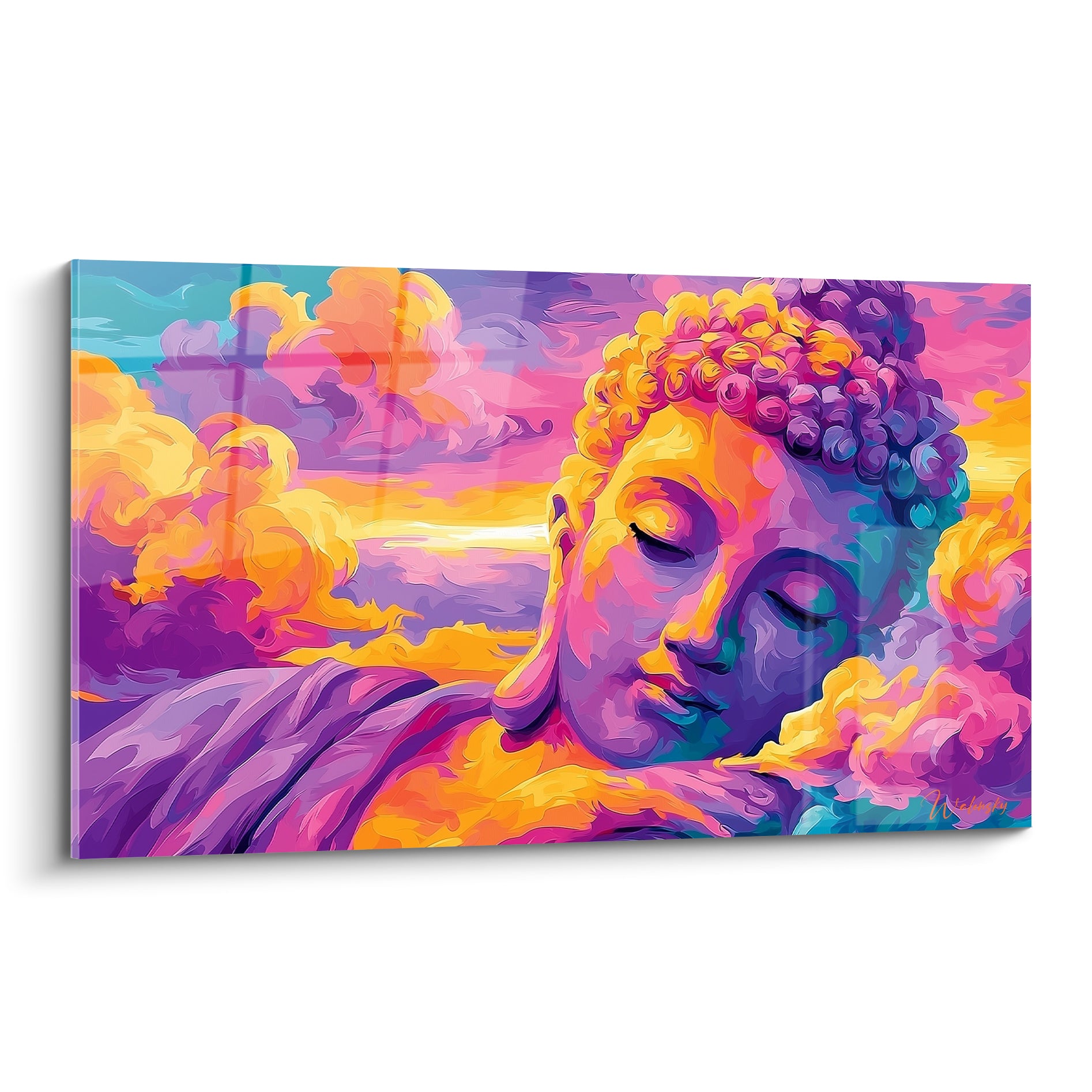 Bouddha aux yeux clos, boucles dorées et chevelure violette, nuages orangés et roses en fond
