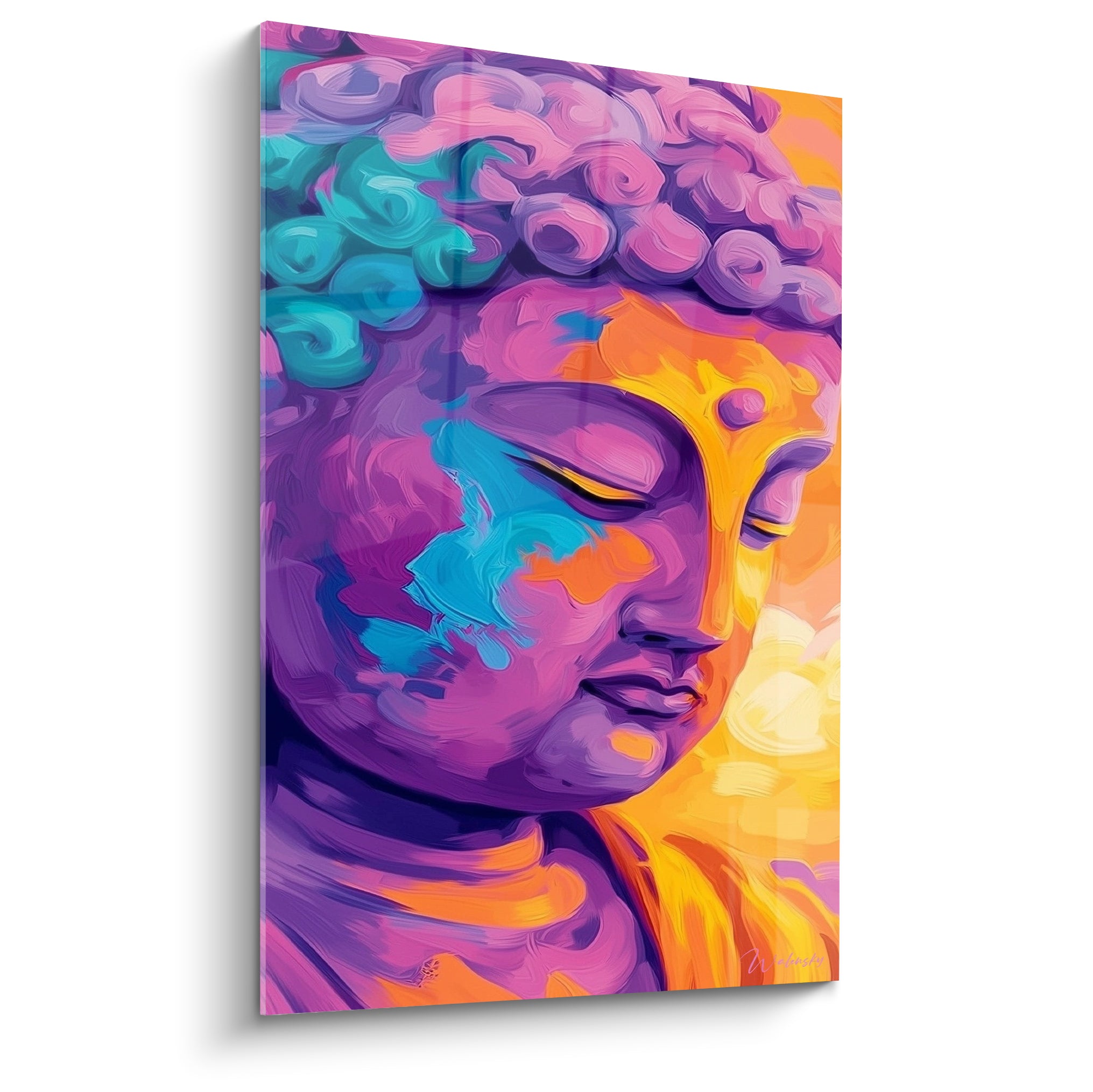 Bouddha aux boucles violettes et turquoise, yeux clos, fond orange doré, peinture expressionniste