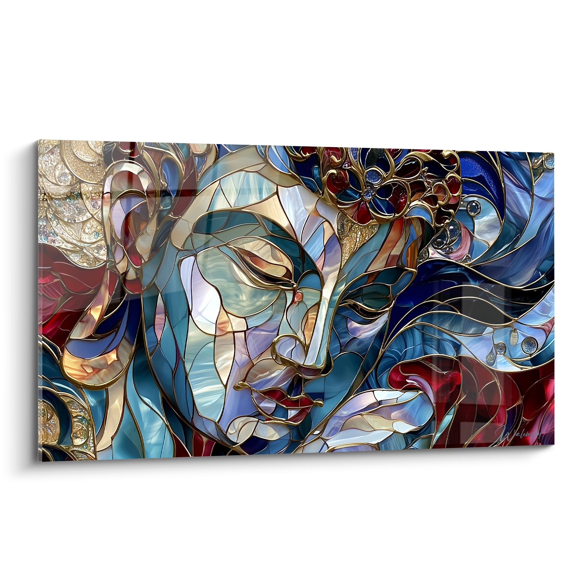 Visage de Bouddha façon vitrail aux teintes bleu marine, rouge bordeaux et doré éclatant