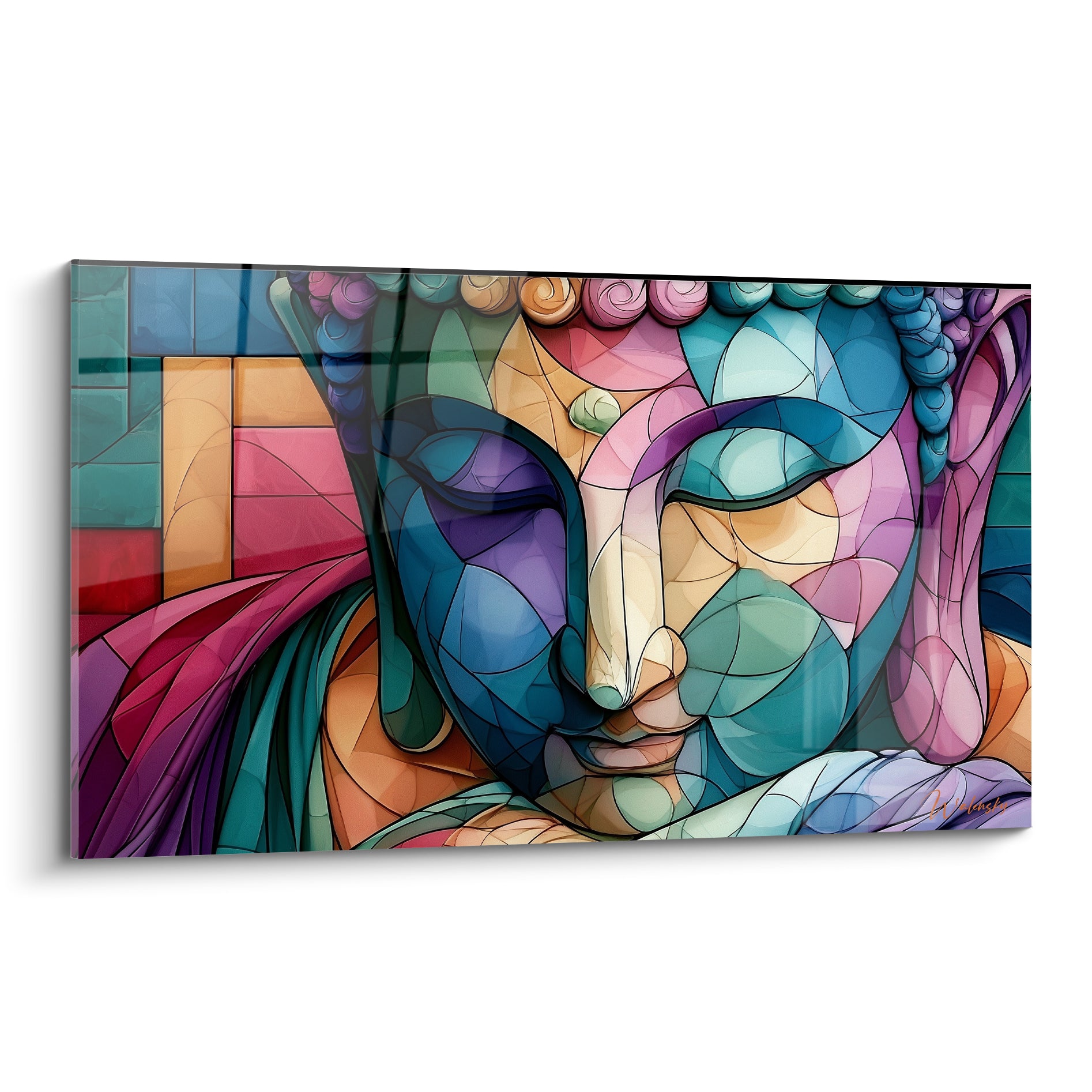 Bouddha aux yeux clos, facettes bleues et roses façon vitrail, visage serein et coloré