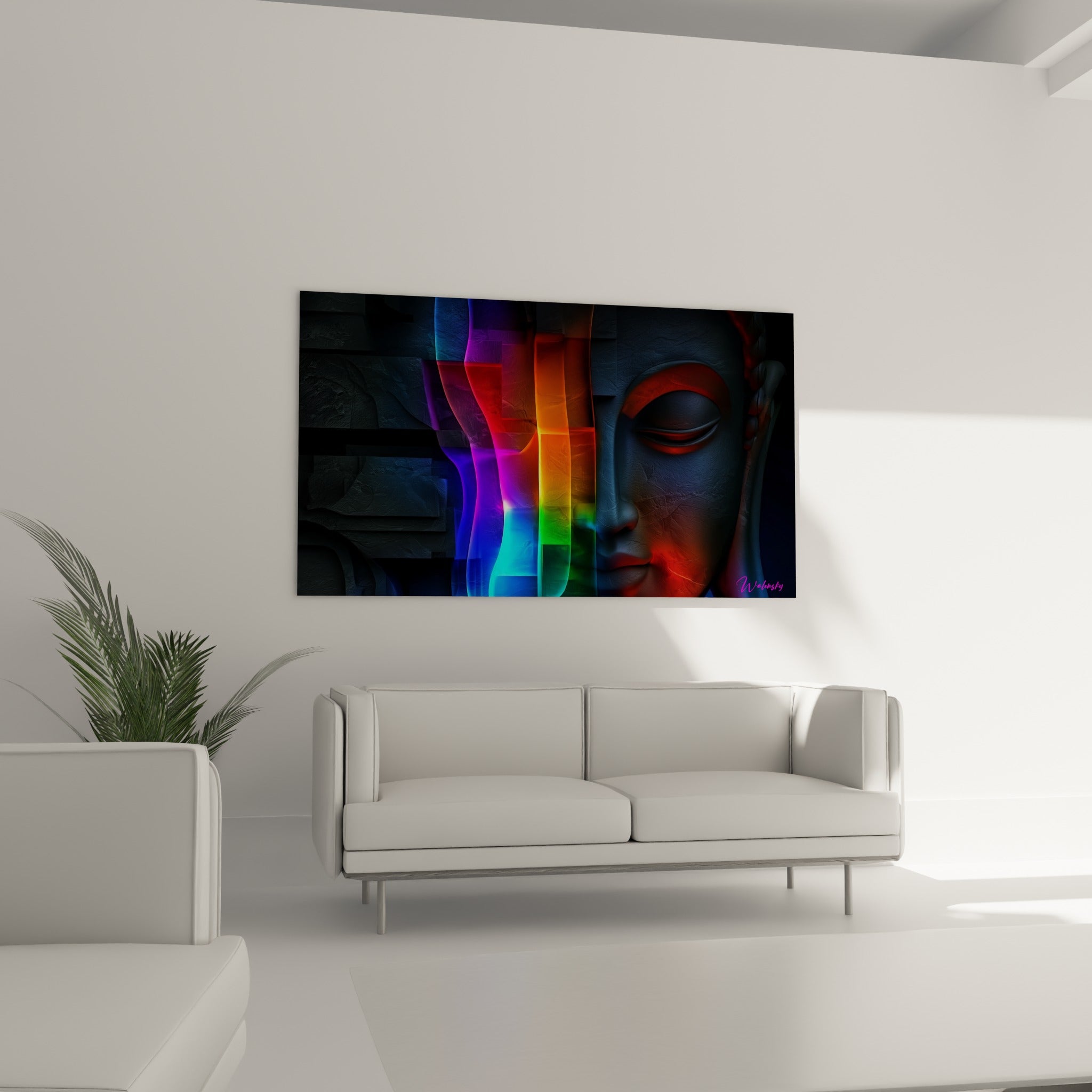 Sérénité du Bouddha anthracite et rouge affichée au-dessus d'un canapé dans un salon lumineux