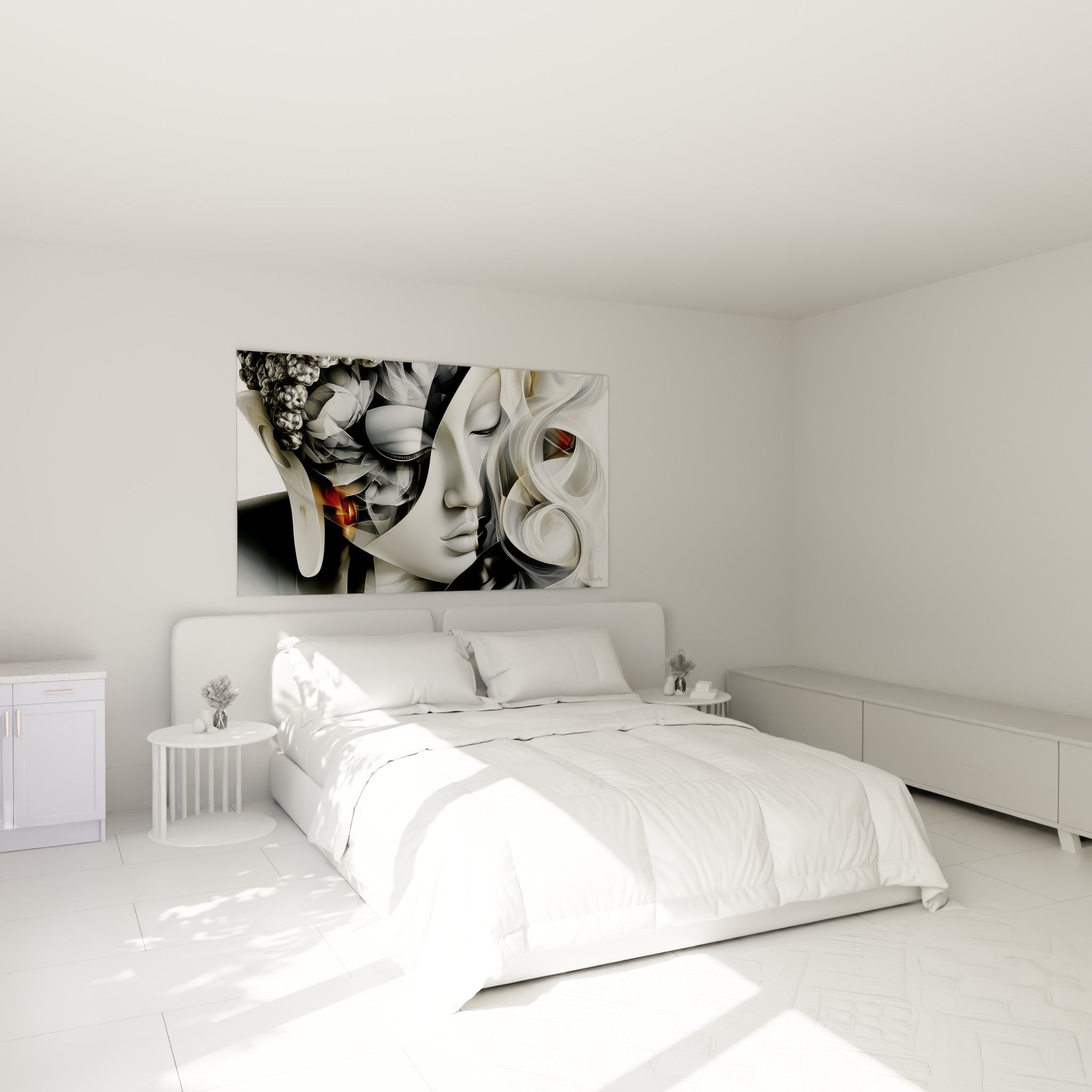 Visage de Bouddha blanc et anthracite aux volutes fluides, au-dessus d'un lit dans une chambre claire