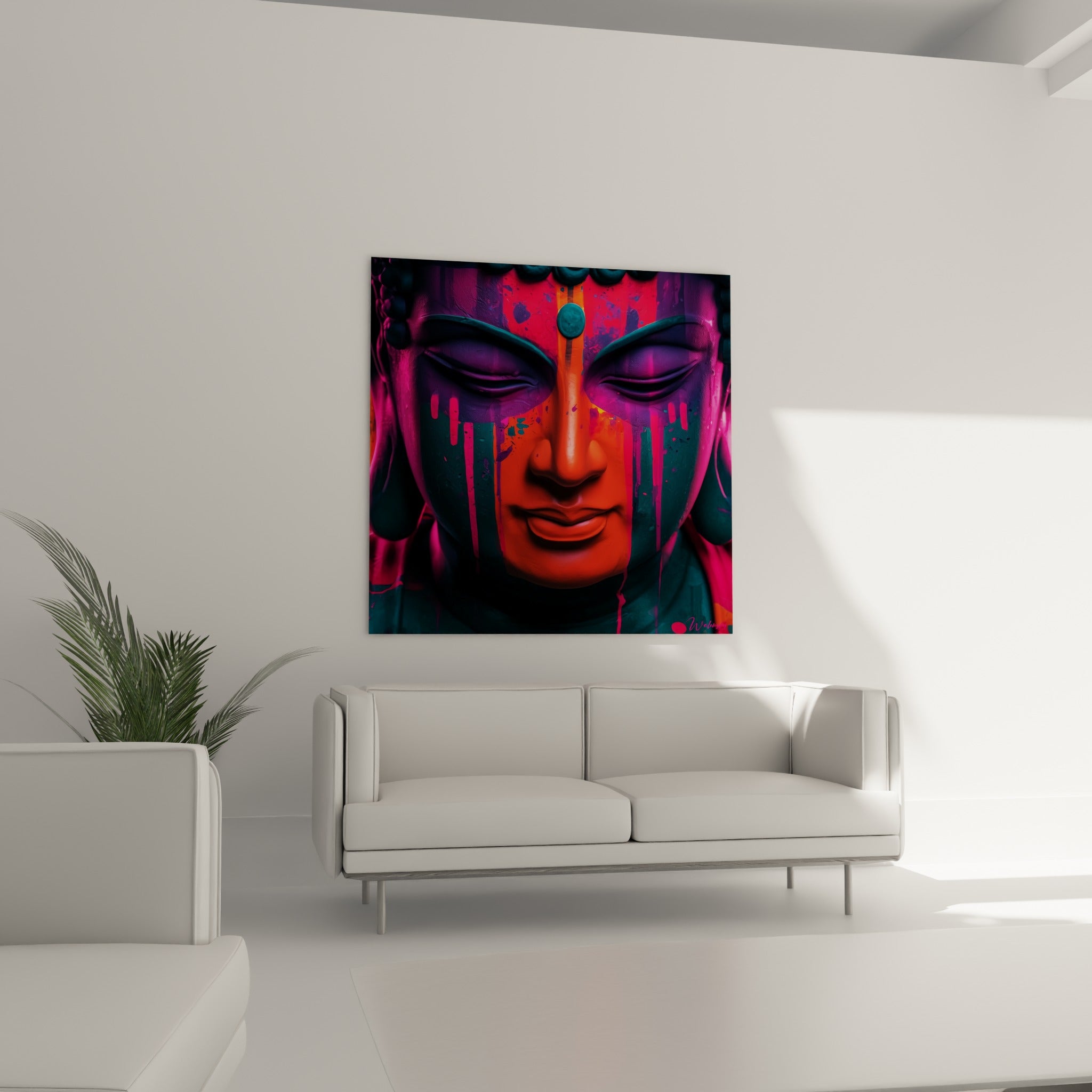 Traits sereins d'un Bouddha strié de rose fluo et de turquoise, suspendu au-dessus d'un canapé dans un salon lumineux
