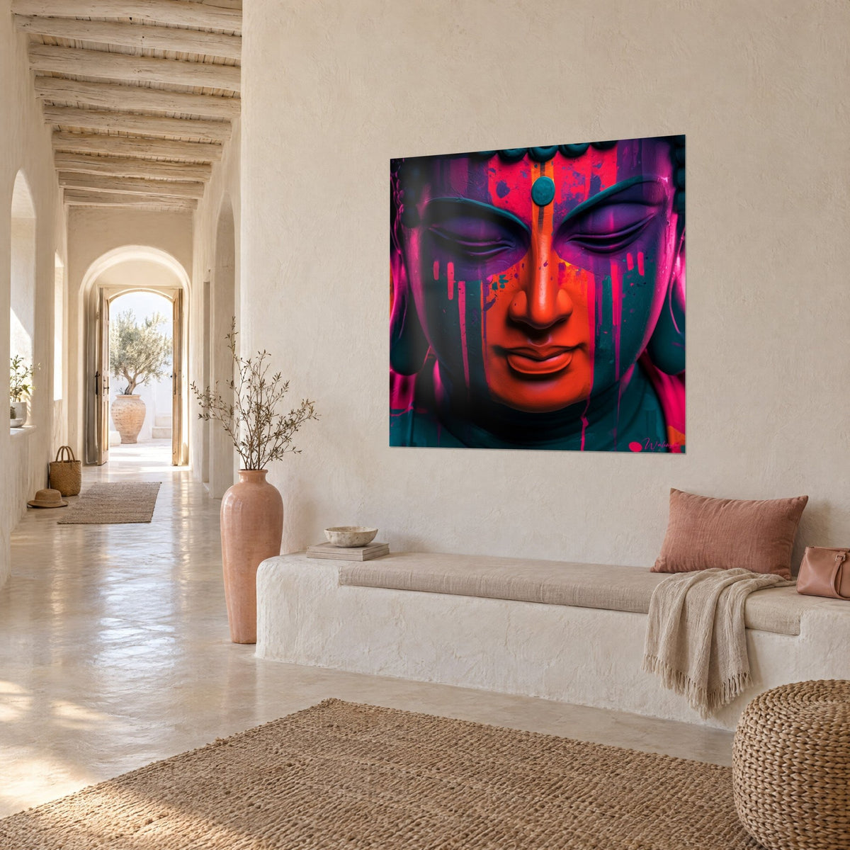 Tableau visage de méditation aux joues turquoise striées de rose fuchsia, mur crépi et couloir voûté, maison méditerranéenne