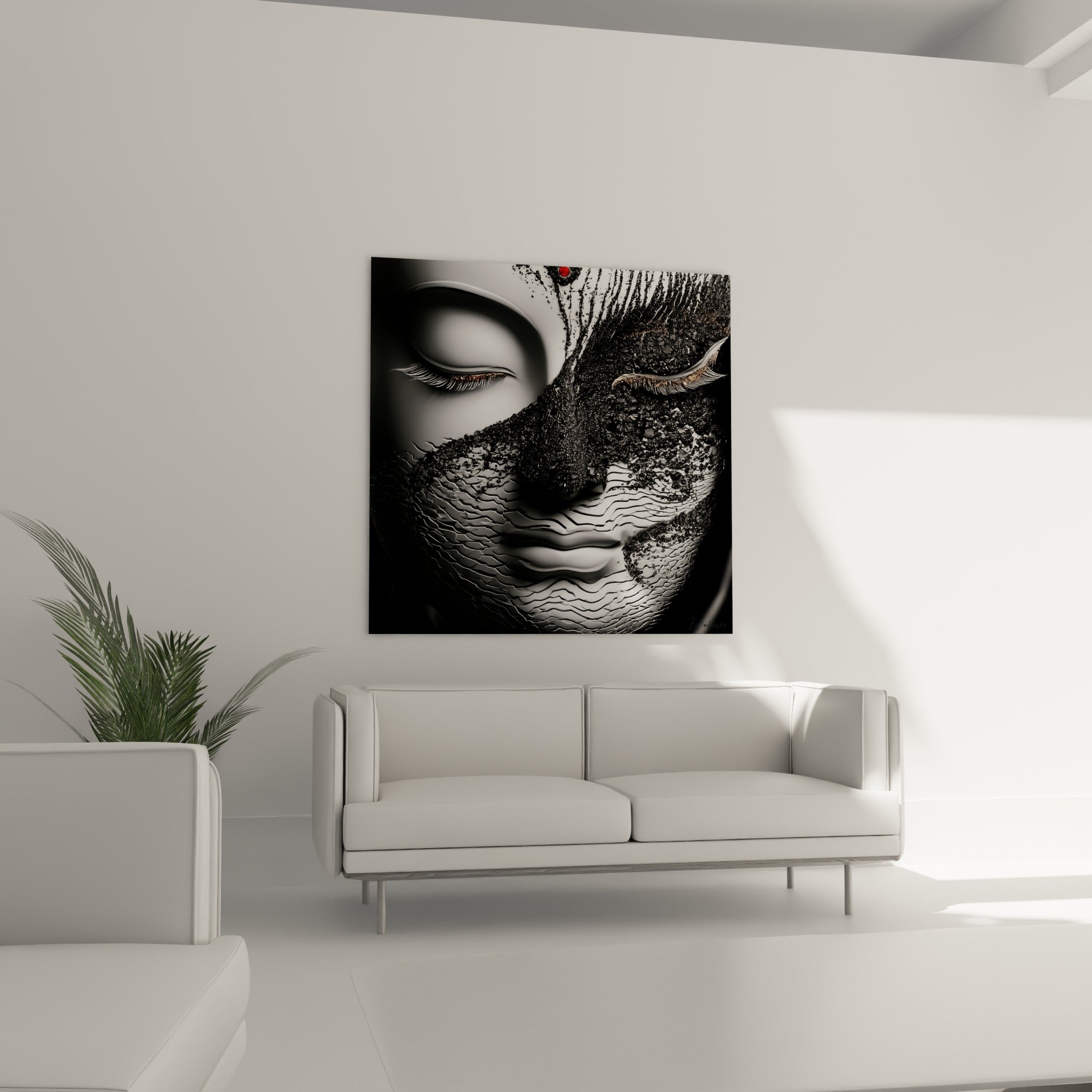 Méditation figée d'un Bouddha anthracite et argenté au-dessus d'un canapé dans un salon lumineux