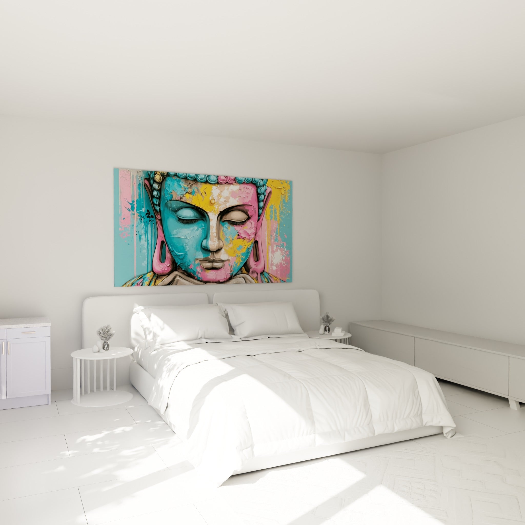 Visage serein du Bouddha en bleu et rose vif, oreilles ornées, accroché au-dessus d'un lit dans une chambre claire