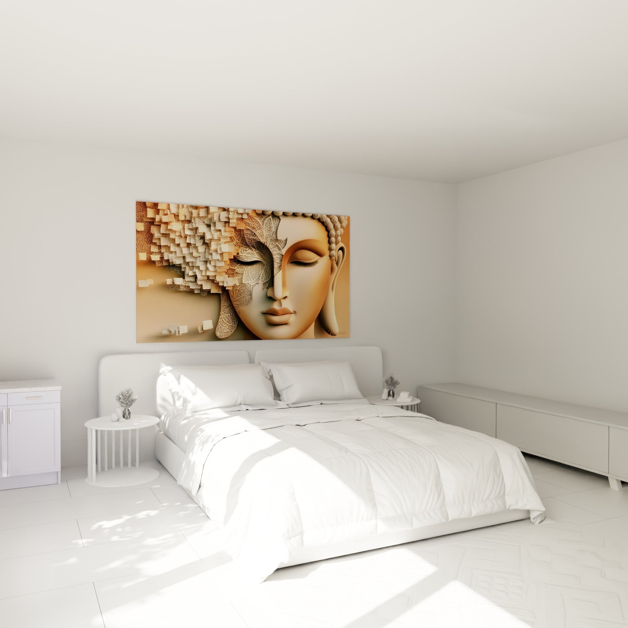 Visage de Bouddha serein en tons ocre et gris perle, accroché au-dessus d'un lit dans une chambre claire