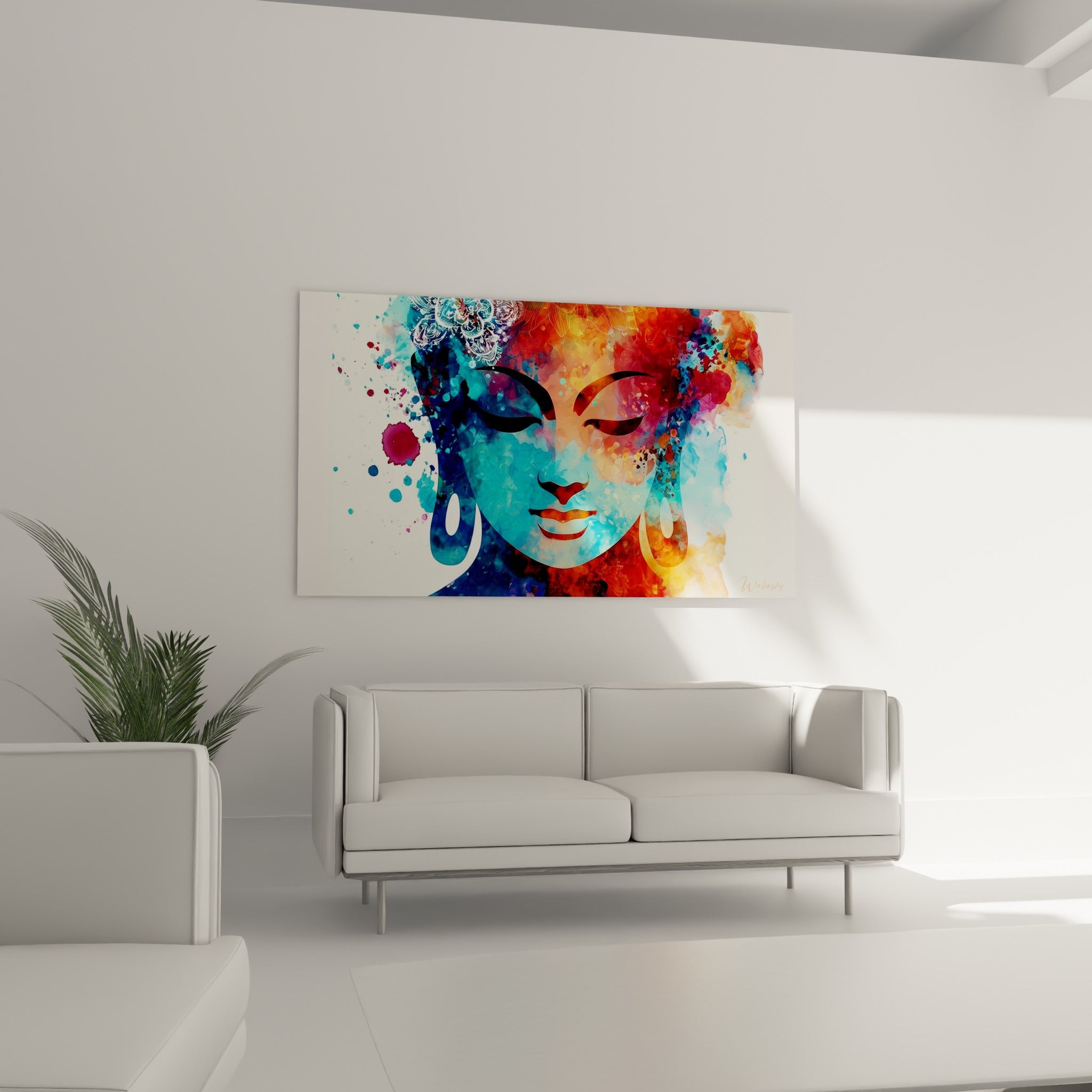 Visage méditatif du Bouddha en bleu et orangé au-dessus d'un canapé dans un salon lumineux