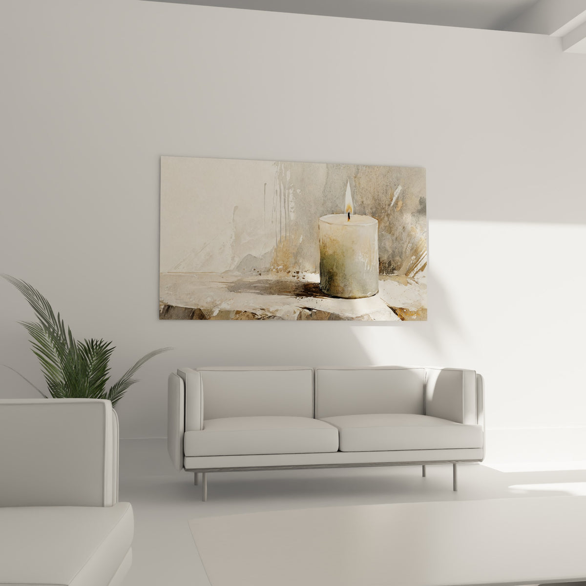 Silhouette d'une bougie ocre et grise, flamme vive, au-dessus d'un canapé dans un salon lumineux