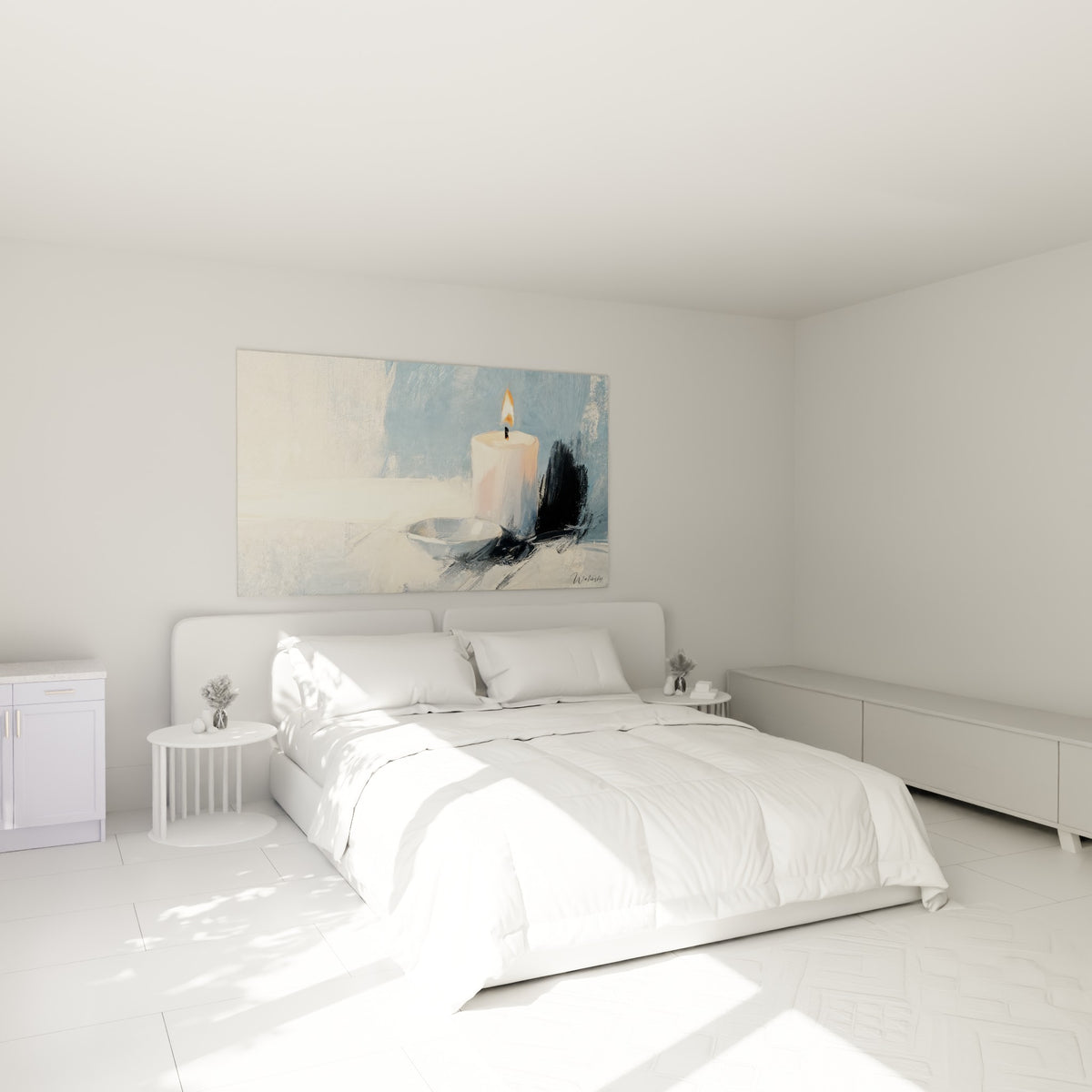 Flamme vive sur bougie blanche et rose, au-dessus d'un lit dans une chambre claire