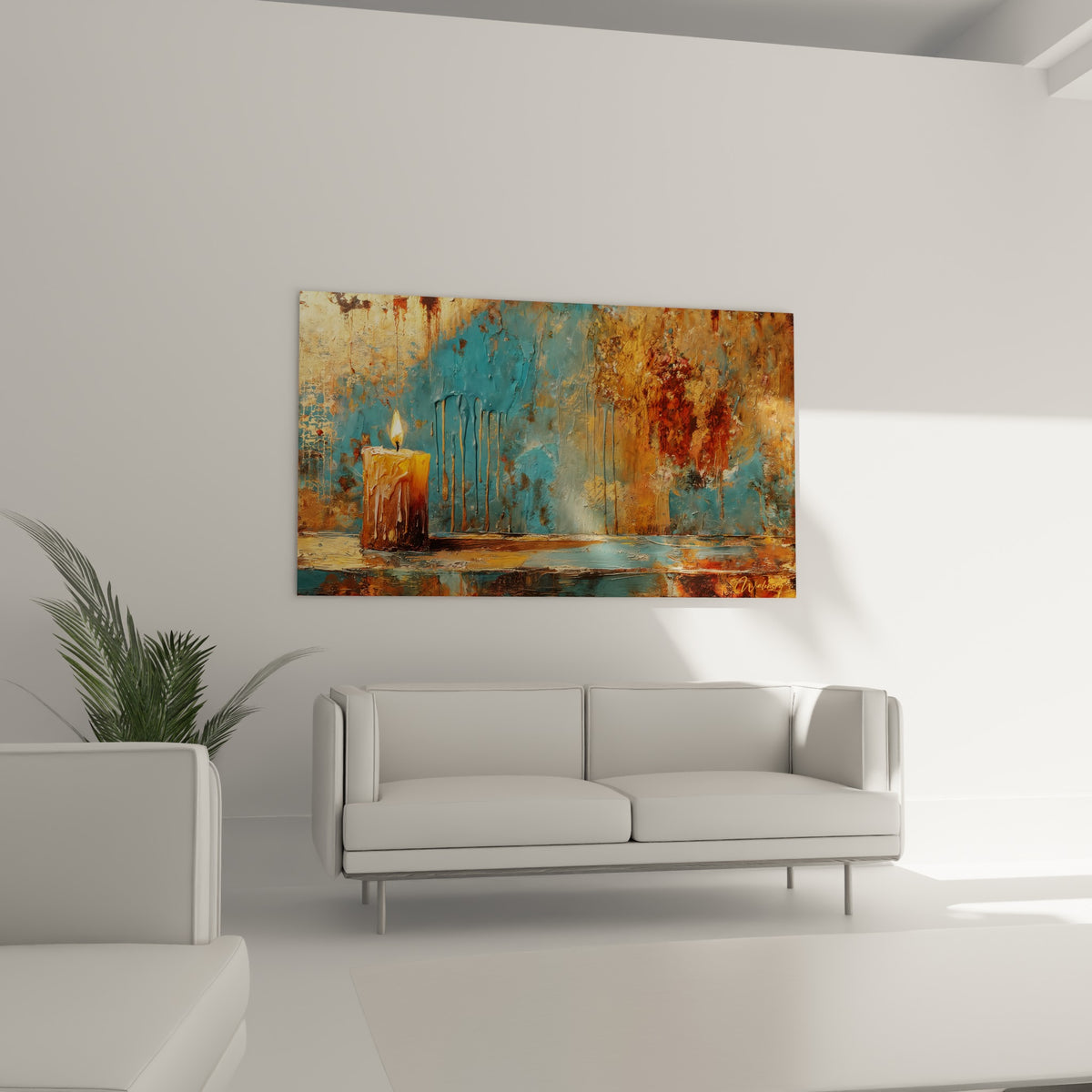 Cire dorée fondant sur une base sombre, tableau bougie au-dessus d'un canapé dans un salon lumineux
