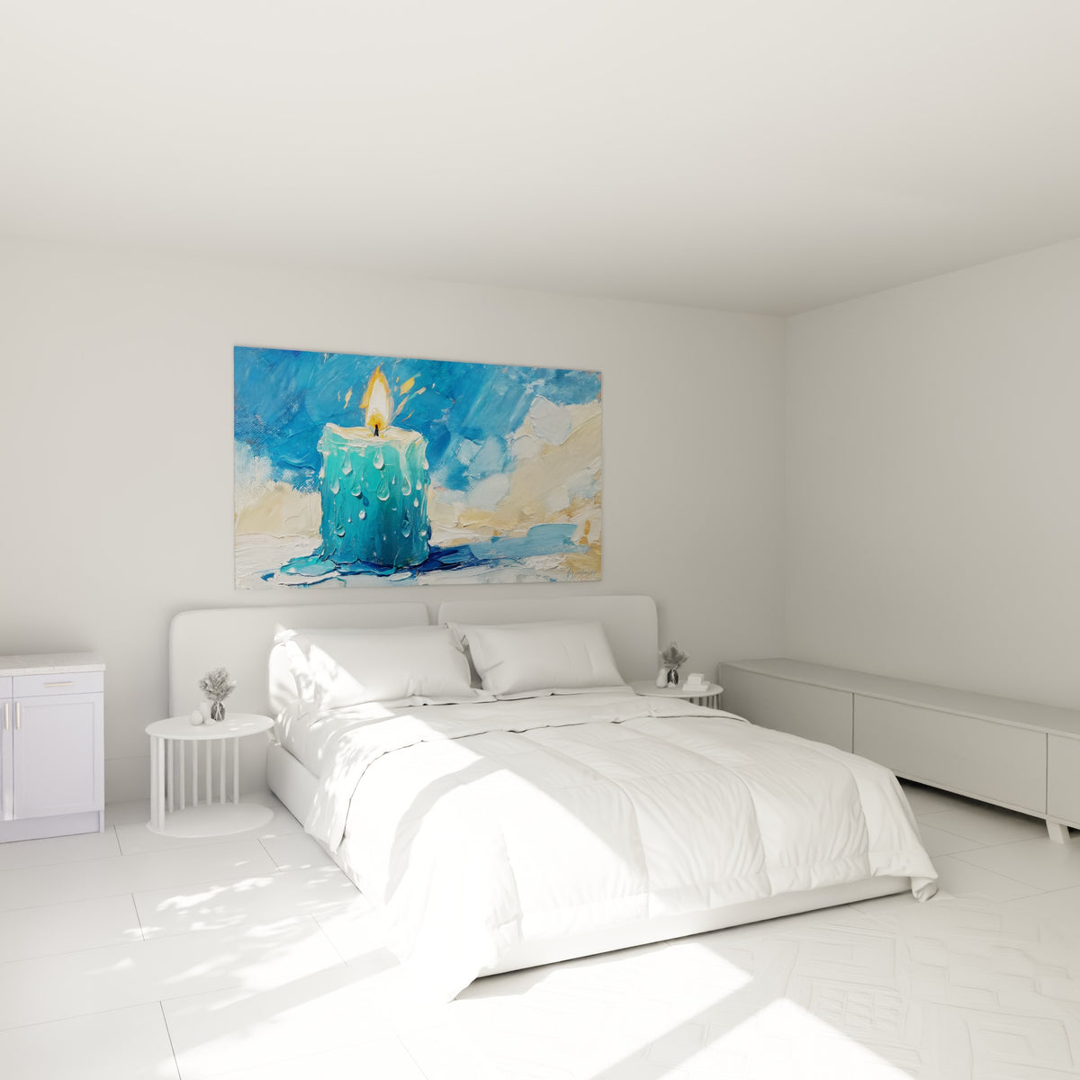 Flamme dorée et cire turquoise fondante peintes en relief, au-dessus d'un lit dans une chambre claire