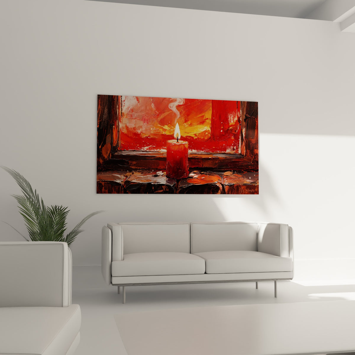 Cire rouge et fumée grise s'élevant d'une bougie, tableau au-dessus d'un canapé dans un salon lumineux
