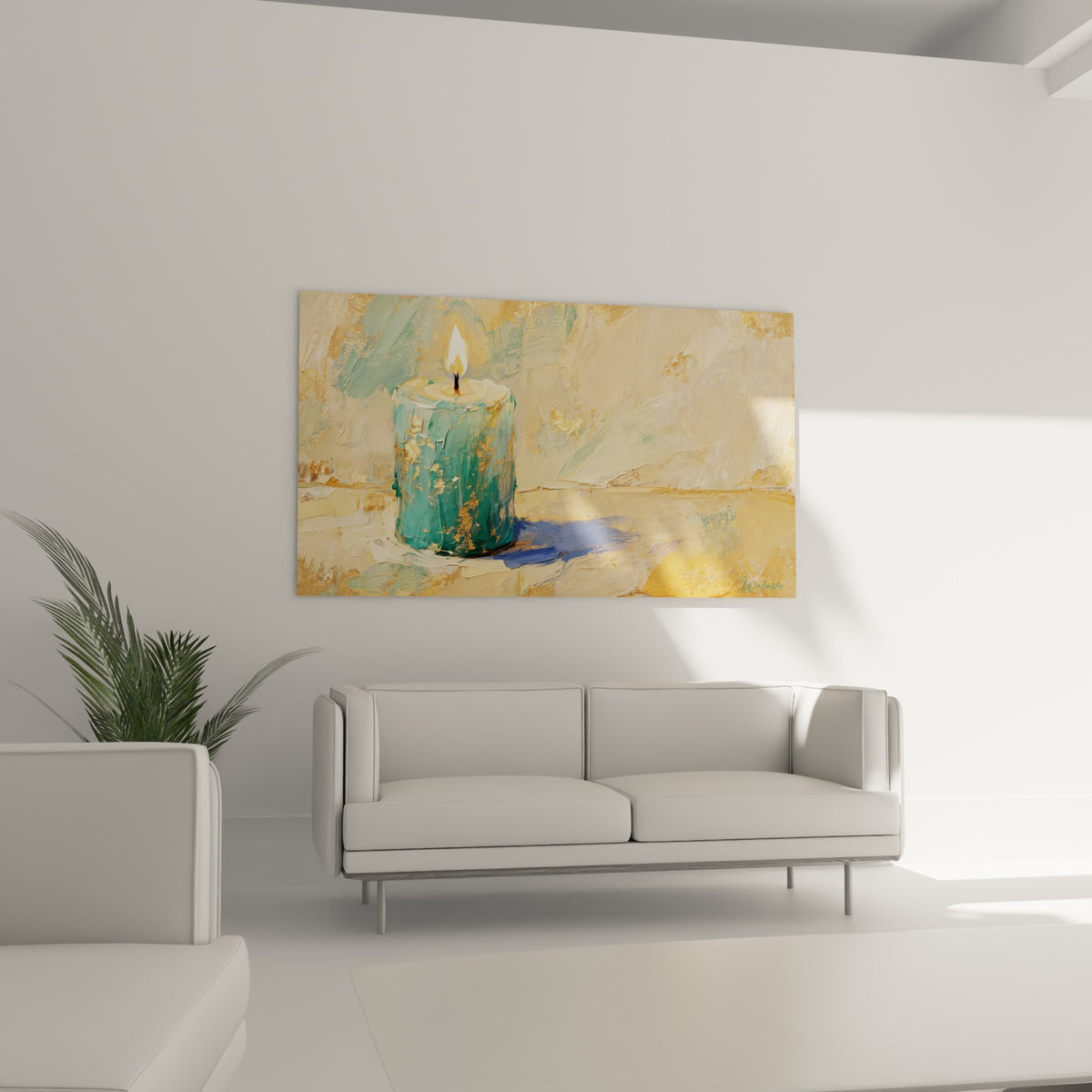 Cire turquoise craquelée d'or et flamme blanche vive, au-dessus d'un canapé dans un salon lumineux