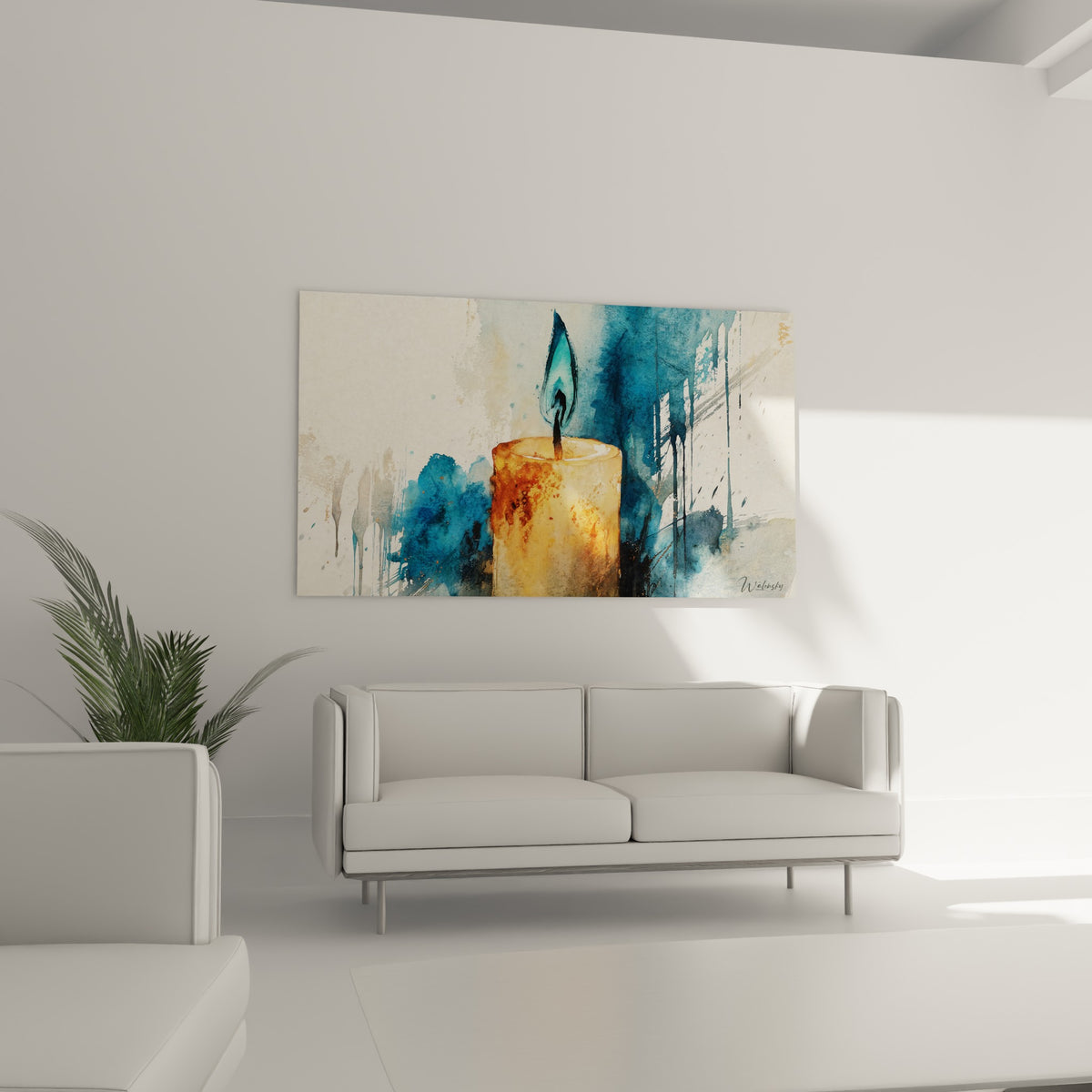 Cire ocre et flamme bleu turquoise peintes en aquarelle, au-dessus d'un canapé dans un salon lumineux