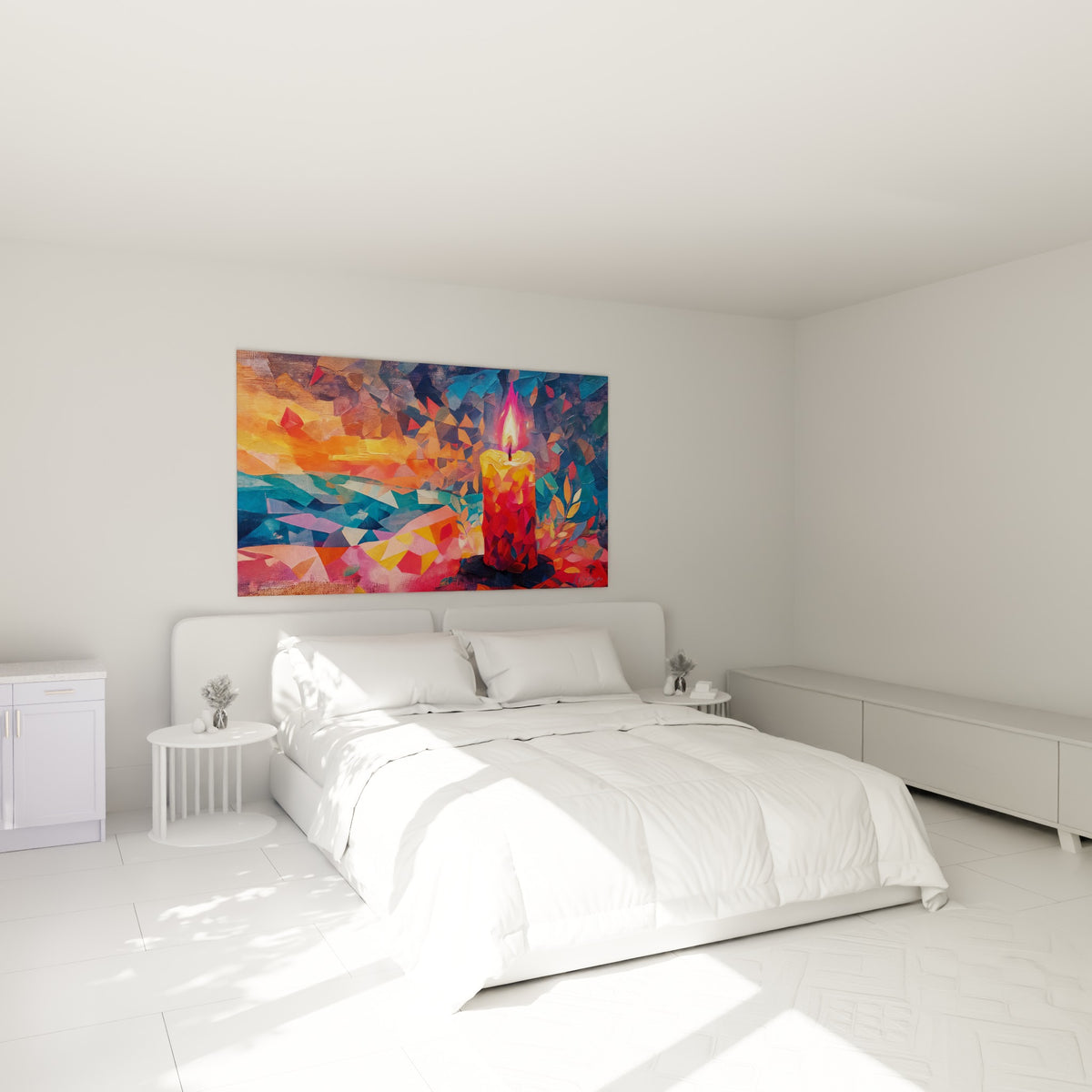 Flamme rose et bougie ocre en mosaïque géométrique, accrochée au-dessus d'un lit dans une chambre claire