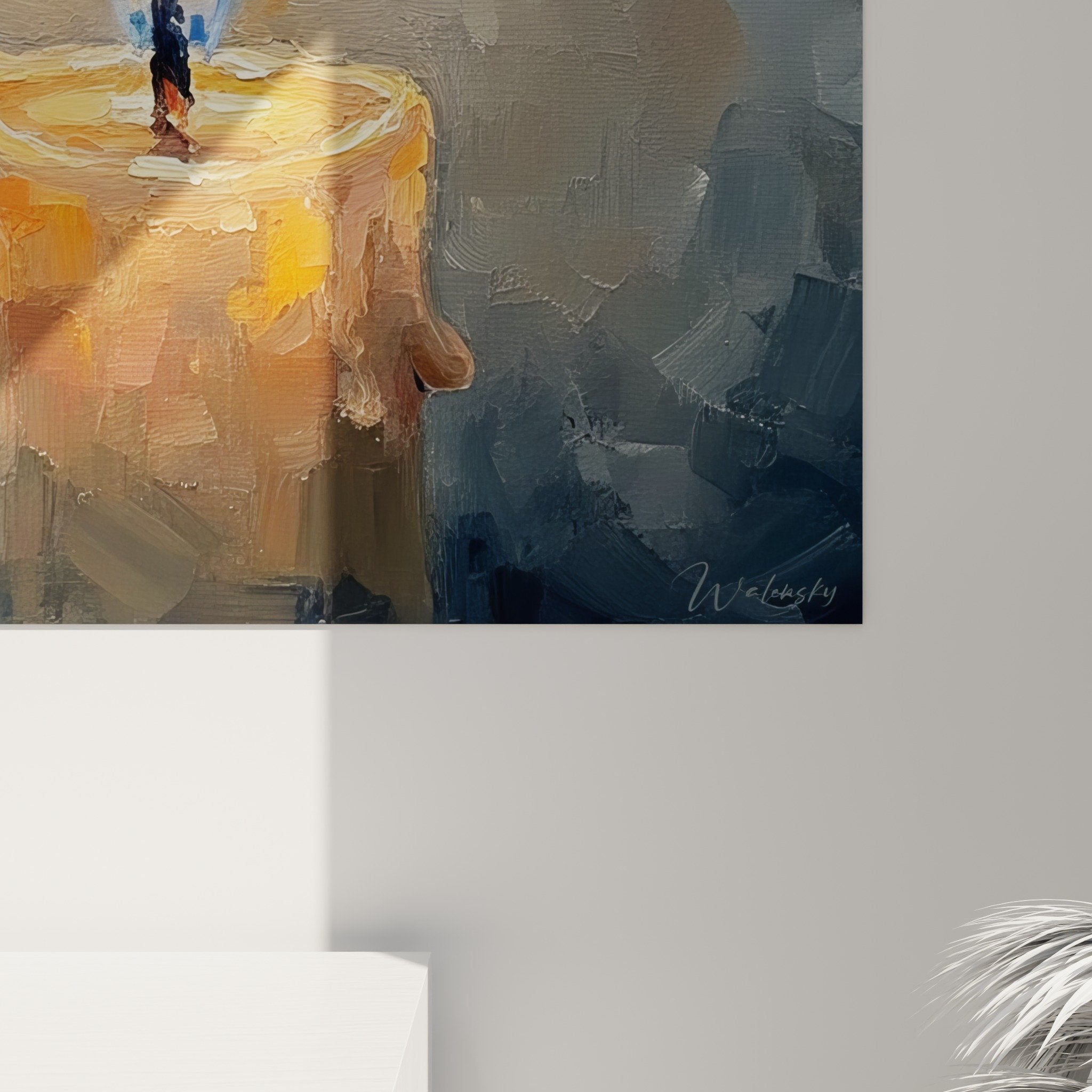 Tableau bougie flamme dansante orange salon decoration murale zen japandi atmosphere sereine