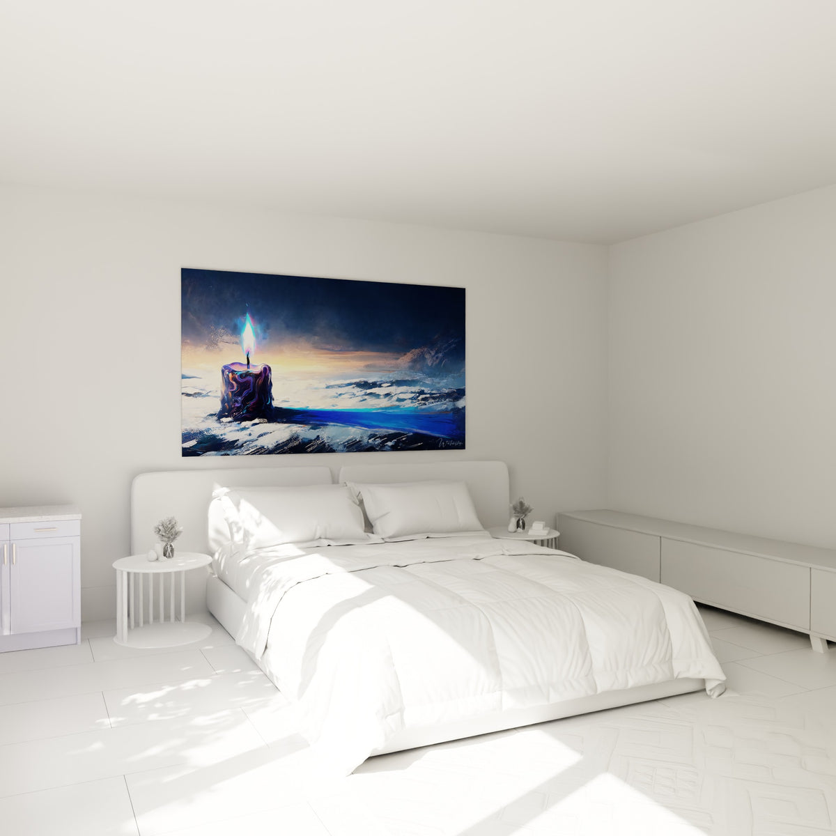 Cire violette et flamme bleue électrique surplombant un lit dans une chambre claire