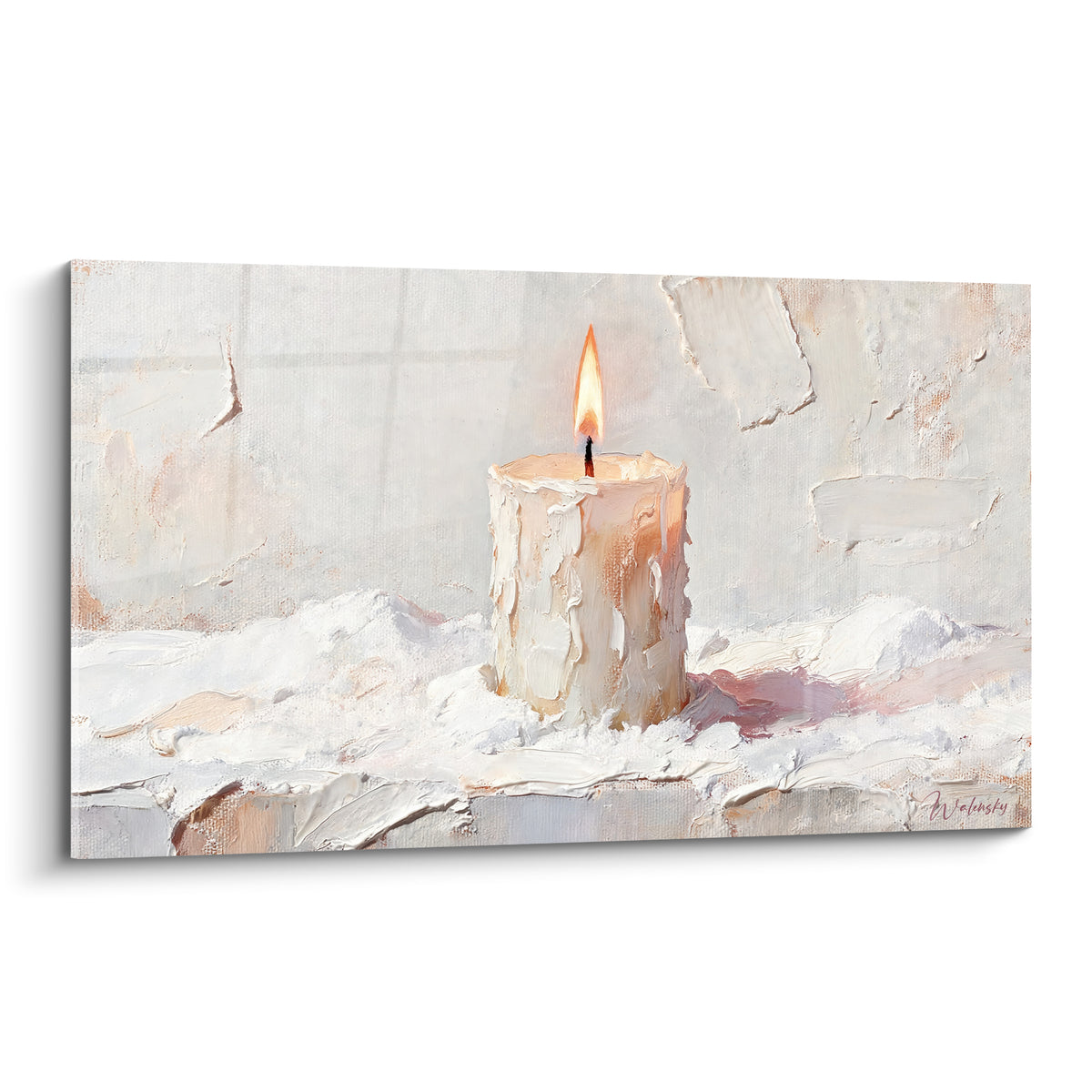 Bougie ivoire à la cire fondue et flamme orangée, texture épaisse peinte au couteau