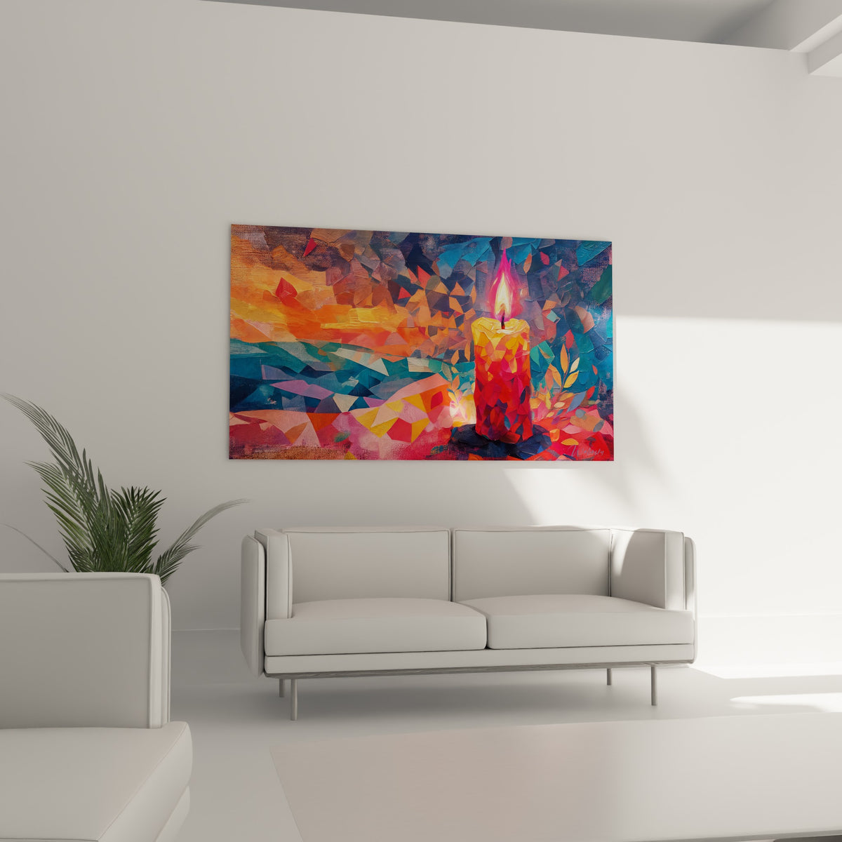 Silhouette de bougie fauve et bleu marine peinte en fragments colorés, au-dessus d'un canapé dans un salon lumineux