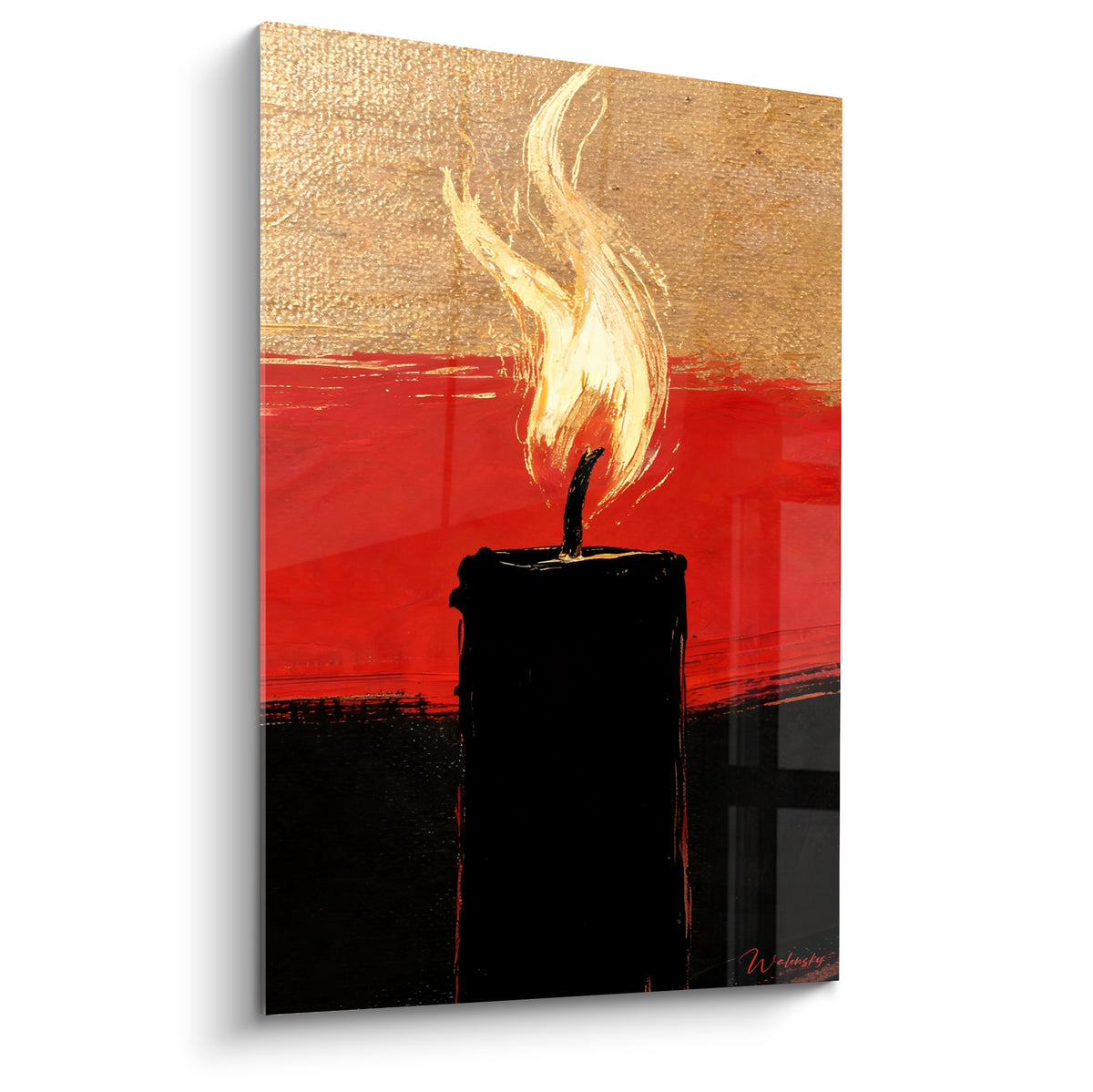 Bougie noire à la flamme dorée peinte sur fond rouge terracotta et bande dorée texturée