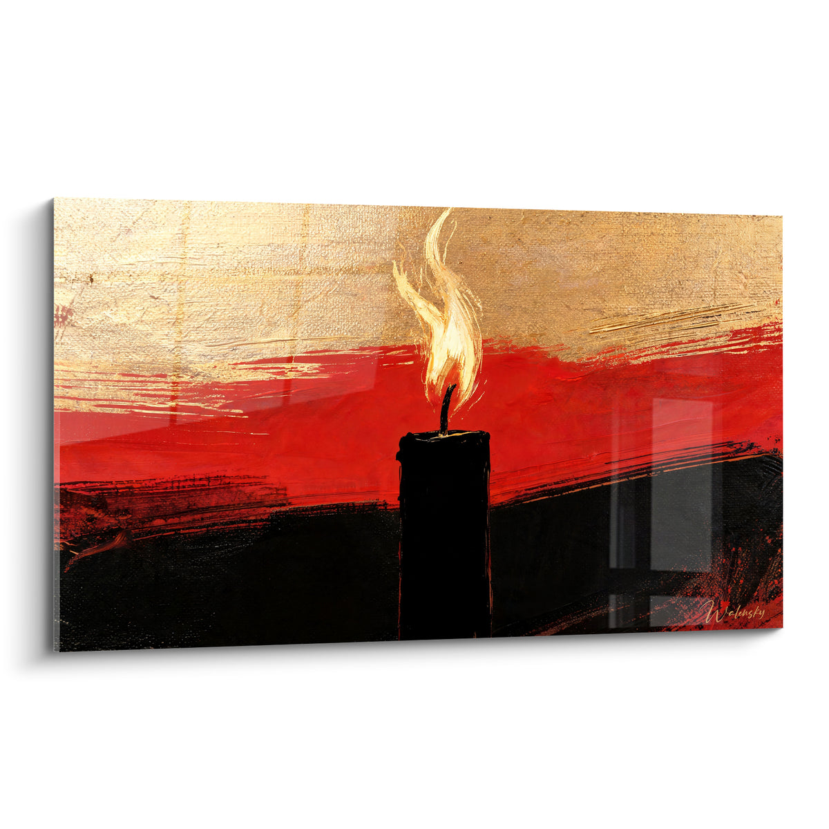 Bougie noire à la flamme dorée se détachant sur un fond rouge et anthracite texturé