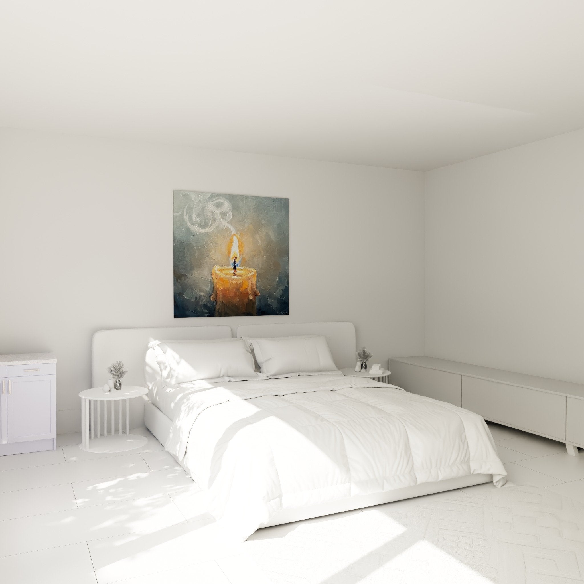 Tableau bougie flamme orange chambre decoration murale ambiance chaleureuse apaisante japandi